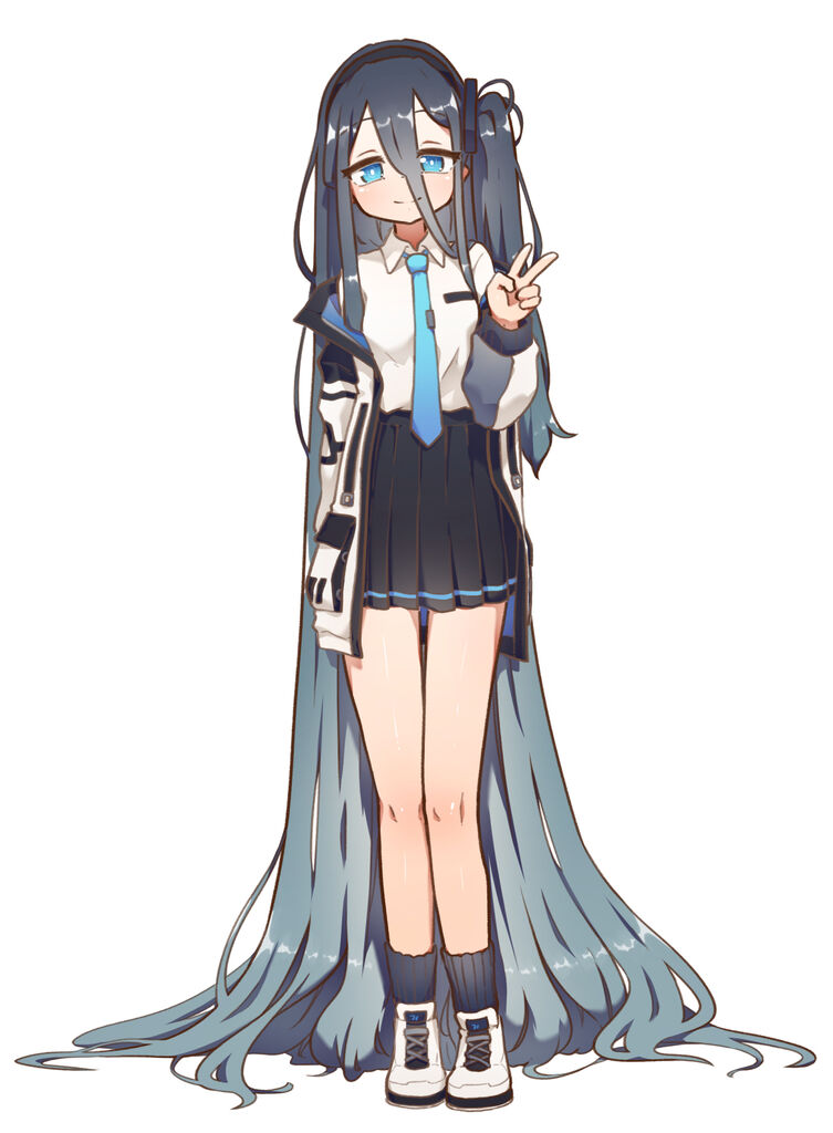 1girl absurdly_long_hair arisu_(blue_archive) bangs black_hair black_hairband black_skirt blue_archive blue_eyes blush bright_pupils collared_shirt full_body hair_between_eyes hairband jacket long_hair long_sleeves looking_at_viewer mountain_han multicolored_clothes multicolored_jacket necktie one_side_up pleated_skirt shirt simple_background skirt smile solo tie_clip v very_long_hair white_background white_pupils white_shirt