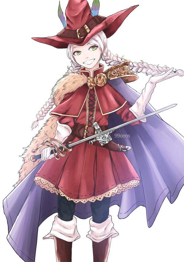 1girl 99cens alternate_costume arcana_dueler_(granblue_fantasy) arcana_dueler_(granblue_fantasy)_(cosplay) bangs boots braid cosplay fire_emblem fire_emblem_fates gloves hat_belt hat_feather holding holding_sword holding_weapon leather_belt low_twintails nina_(fire_emblem) parted_bangs rapier smile sword thigh_boots twin_braids twintails upper_body weapon white_gloves