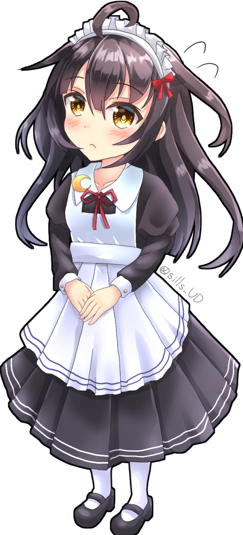 1girl ahoge alternate_costume apron ball bangs black_dress black_footwear blush bow brown_eyes closed_mouth collarbone collared_dress commentary_request dress enmaided flying_sweatdrops full_body hair_between_eyes juliet_sleeves kantai_collection long_hair long_sleeves looking_at_viewer maid maid_apron maid_headdress mikazuki_(kancolle) neck_ribbon pantyhose pleated_dress puffy_sleeves red_bow red_ribbon ribbon shoes sills simple_background solo twitter_username very_long_hair white_apron white_background