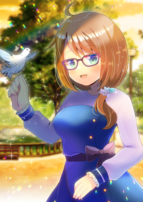 1girl :d ahoge animal bird blue_dress blue_flower blurry blurry_background blush breasts brown_hair commentary_request commission copyright_request depth_of_field dress flower frilled_sleeves frills glasses green_eyes hair_flower hair_ornament hair_over_shoulder hand_up kou_hiyoyo long_hair long_sleeves looking_at_viewer low_ponytail medium_breasts ponytail puffy_long_sleeves puffy_sleeves purple_flower purple_shirt red-framed_eyewear shirt skeb_commission smile solo