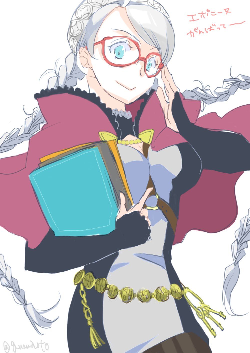 1girl adjusting_eyewear ahoge bangs belt book braid breasts bridal_gauntlets buttons capelet chest_harness fire_emblem fire_emblem_fates glasses hairband harness highres holding holding_book hood hood_down hooded_capelet key leather_strap long_hair looking_at_viewer low_twintails medium_breasts nina_(fire_emblem) parted_bangs qumaoto red_eyewear red_hood solo striped striped_legwear third-party_source turtleneck twin_braids twintails upper_body white_hair white_hairband