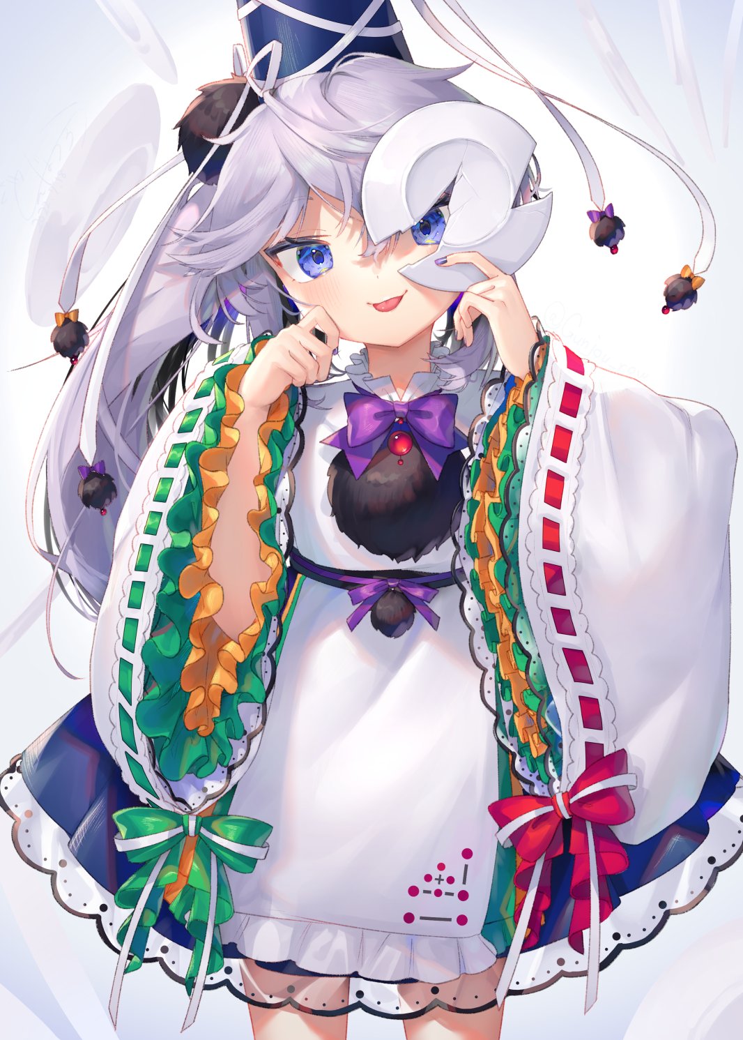 1girl :p blue_eyes blue_skirt blush bow bowtie broken_plate frilled_sleeves frills grey_hair gunjou_row hand_on_own_cheek hand_on_own_face highres holding holding_plate japanese_clothes kariginu layered_sleeves long_hair looking_at_viewer mononobe_no_futo nail_polish plate pom_pom_(clothes) ponytail purple_bow ribbon-trimmed_sleeves ribbon_trim signature skirt solo tongue tongue_out touhou tsurime white_background