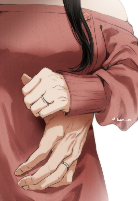 baekmae bare_shoulders black_hair breasts couple fingernails fingers hand_focus head_out_of_frame husband_and_wife jewelry off-shoulder_sweater off_shoulder red_shirt red_sweater ribbed_sweater ring shirt sidelocks spy_x_family sweater twilight_(spy_x_family) wedding_band wedding_ring yor_briar