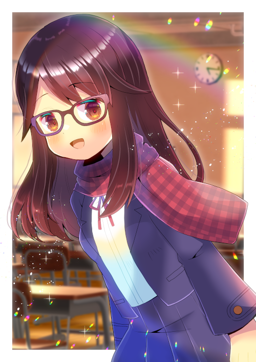 1girl :d bangs black_jacket black_skirt blurry blurry_background blush brown-framed_eyewear brown_eyes brown_hair chair commentary_request commission depth_of_field desk glasses jacket kou_hiyoyo long_hair looking_at_viewer neck_ribbon open_clothes open_jacket original parted_bangs plaid plaid_scarf pleated_skirt red_ribbon red_scarf ribbon scarf school_chair school_desk school_uniform shirt skeb_commission skirt smile solo white_shirt