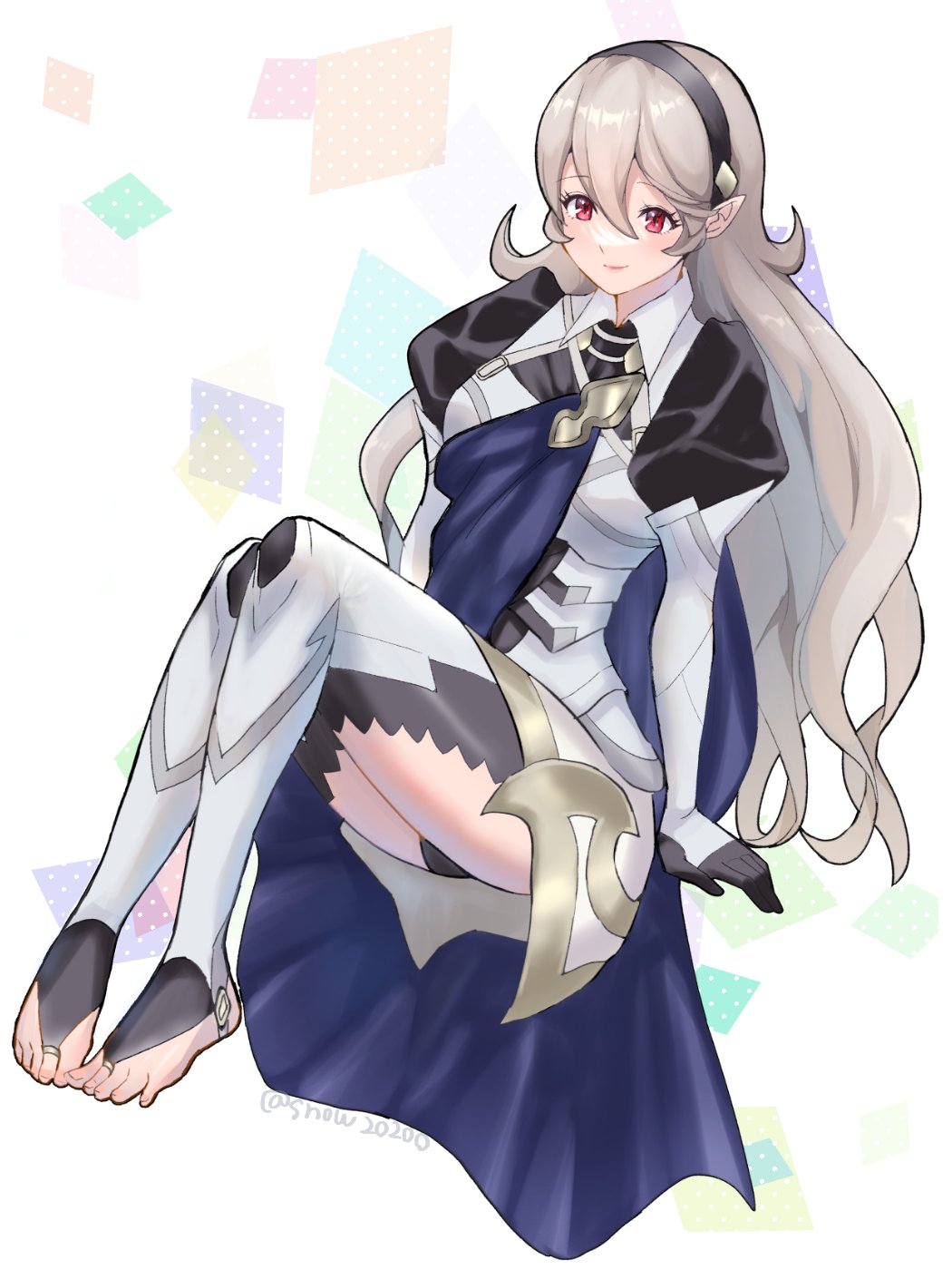 1girl armor barefoot black_gloves blue_cape cape corrin_(fire_emblem) corrin_(fire_emblem)_(female) fire_emblem fire_emblem_fates gloves grey_hair highres leotard long_hair pointy_ears red_eyes simple_background smile snow20200 solo thigh-highs toeless_legwear twitter_username white_background