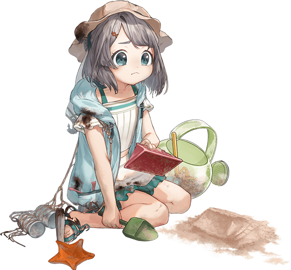 1girl brown_headwear burnt_clothes depth_charge dress full_body grey_eyes grey_hair grey_jacket hat hozuka_(kadokawa) jacket kaiboukan_no._30_(kancolle) kantai_collection official_art open_clothes open_jacket rake sand sandals short_hair shovel sitting solo starfish sun_hat third-party_source transparent_background wariza watering_can white_dress