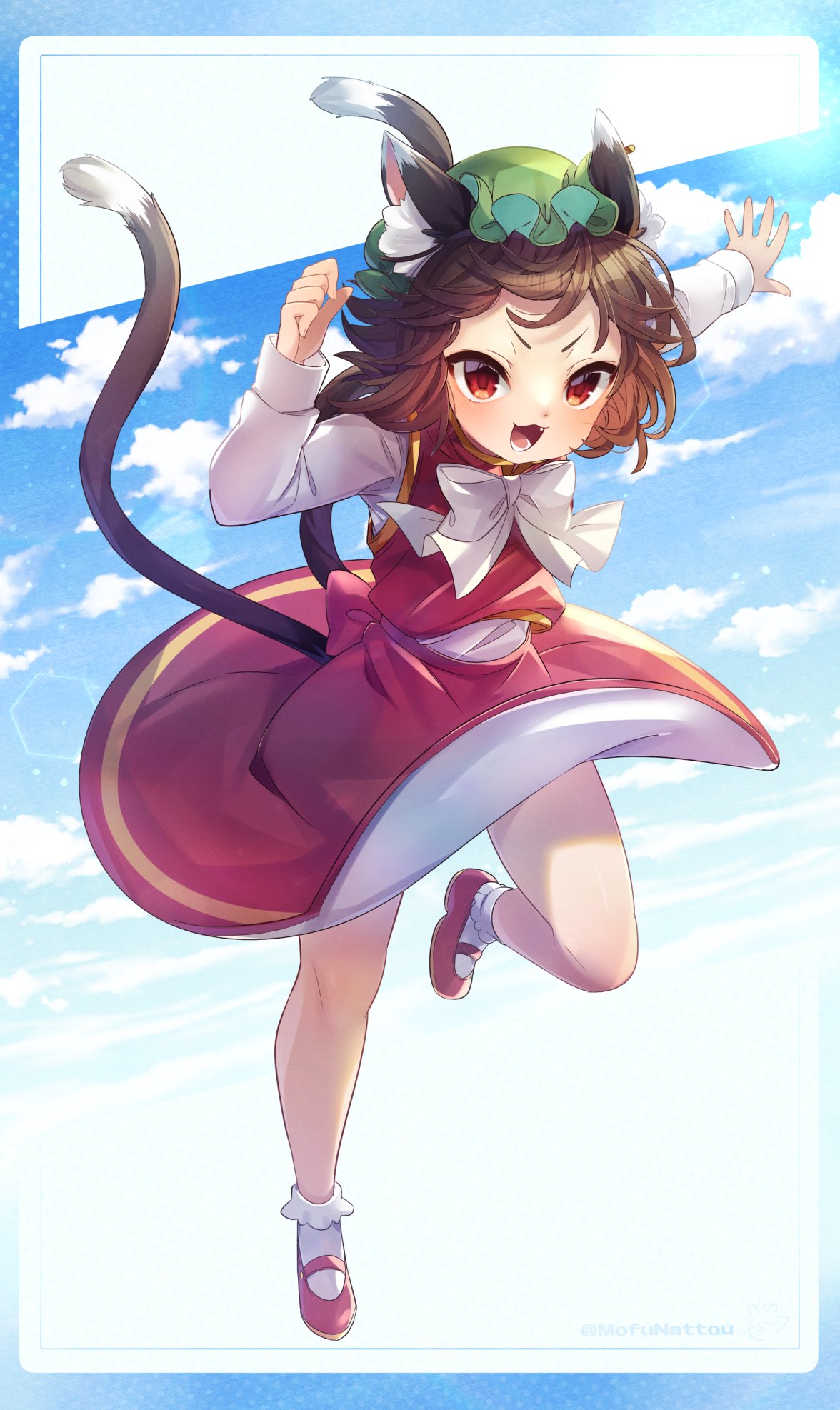 1girl :d animal_ears blue_sky brown_hair cat_ears cat_tail chen clouds cloudy_sky day earrings hat highres ibaraki_natou jewelry mob_cap multiple_tails nekomata open_mouth red_footwear shoes sky smile socks solo tail touhou two_tails v-shaped_eyebrows