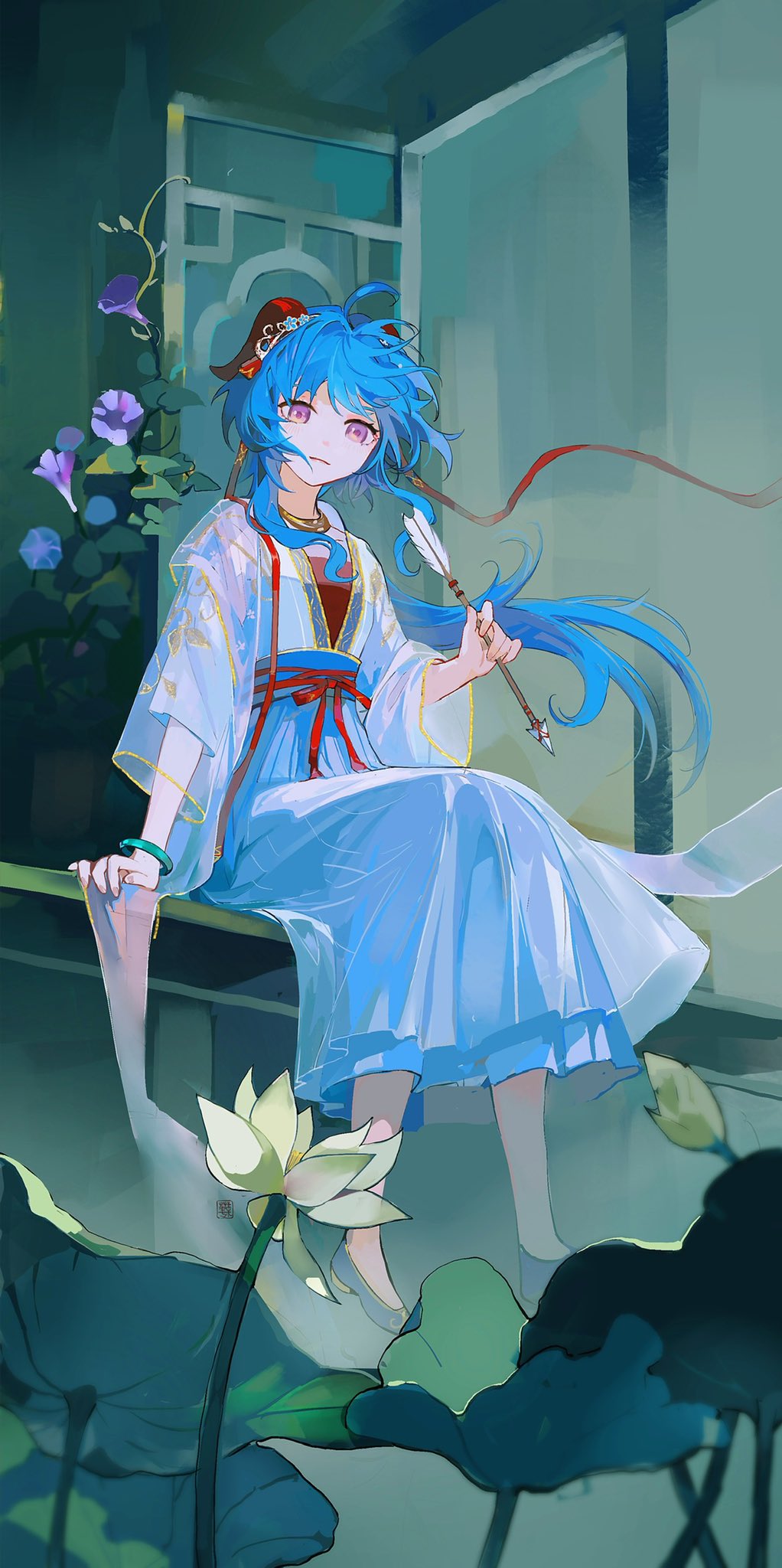 1girl :| ahoge arrow_(projectile) bangs blue_hair bracelet chinese_clothes closed_mouth commentary flower ganyu_(genshin_impact) genshin_impact goat_horns hanfu highres holding holding_arrow horns jewelry long_hair lotus morning_glory qingxin_gua_yu sitting soaking_feet solo violet_eyes water