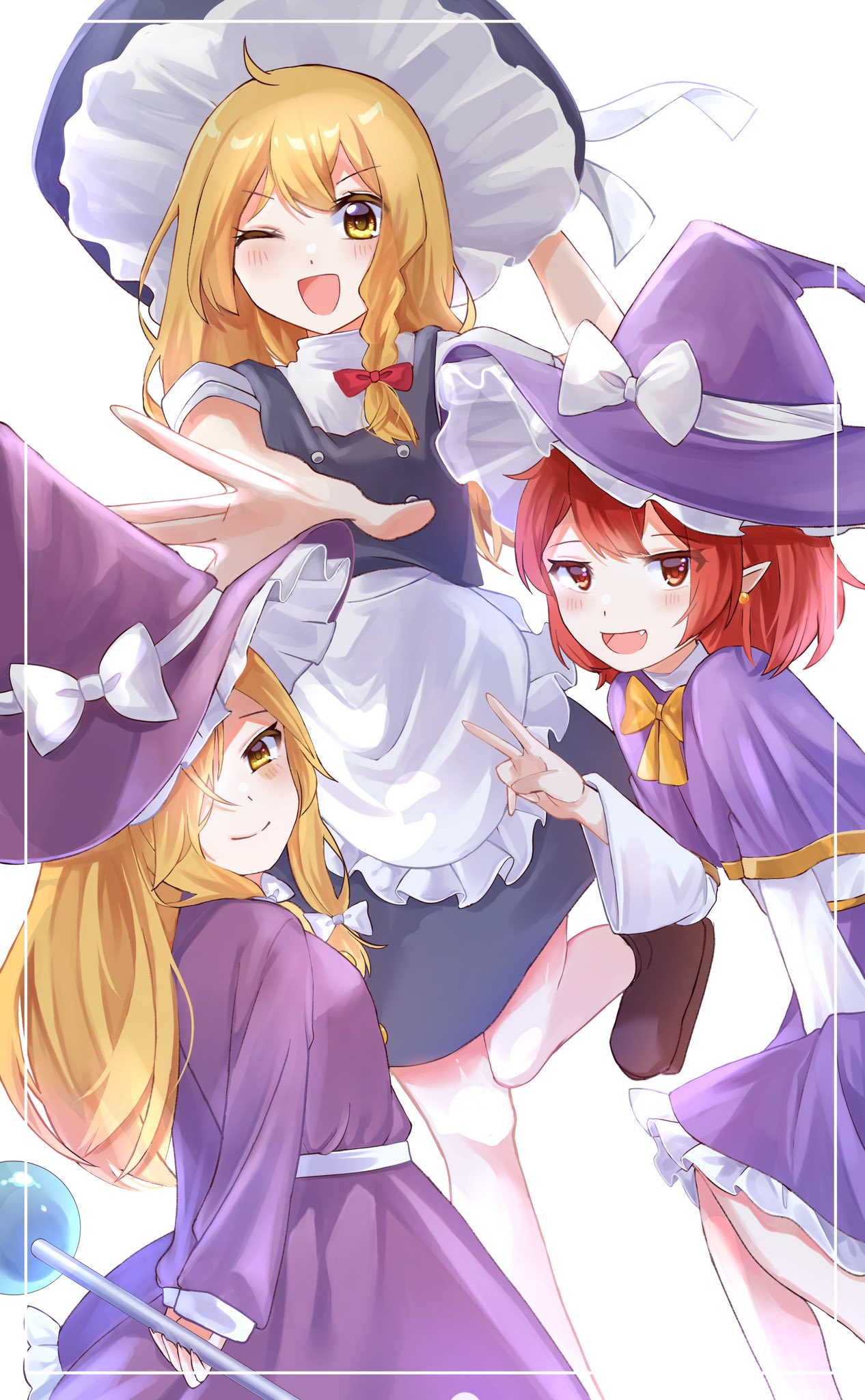 apron arms_behind_back black_headwear black_skirt black_vest blonde_hair bow bowtie breasts buttons capelet commentary_request dress frilled_apron frilled_dress frilled_hat frills hair_over_one_eye hand_on_headwear hat hat_bow highres holding holding_wand kirisame_marisa kirisame_marisa_(pc-98) long_hair long_sleeves milll_77 multiple_persona one_eye_closed open_mouth pointy_ears puffy_short_sleeves puffy_sleeves purple_capelet purple_dress purple_headwear purple_skirt red_eyes redhead sash shirt short_hair short_sleeves skirt small_breasts touhou touhou_(pc-98) turtleneck v vest waist_apron wand white_apron white_bow white_sash white_shirt wide_sleeves witch witch_hat yellow_bow yellow_bowtie yellow_eyes