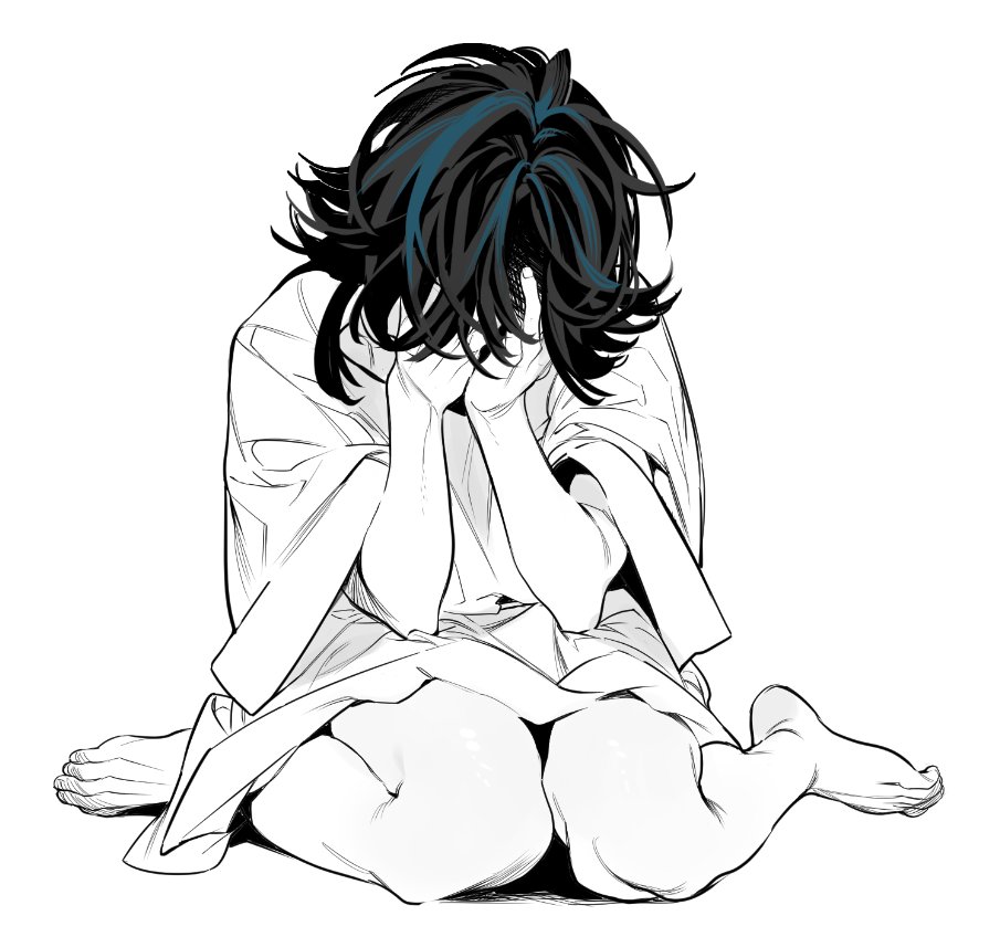 1boy bare_legs barefoot blue_hair chiton copyright_request covered_face covering_face full_body hands_on_own_face hands_up male_focus middle_finger monochrome multicolored_hair sash shengdoushi9 short_hair short_sleeves simple_background sitting solo streaked_hair wariza
