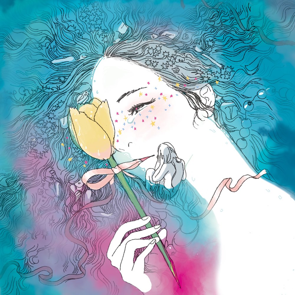 2girls blush dyuami floating_hair flower from_behind long_hair multiple_girls original parted_lips partially_submerged pink_ribbon ribbon star_(symbol) surreal wide_shot yellow_flower yellow_tulip