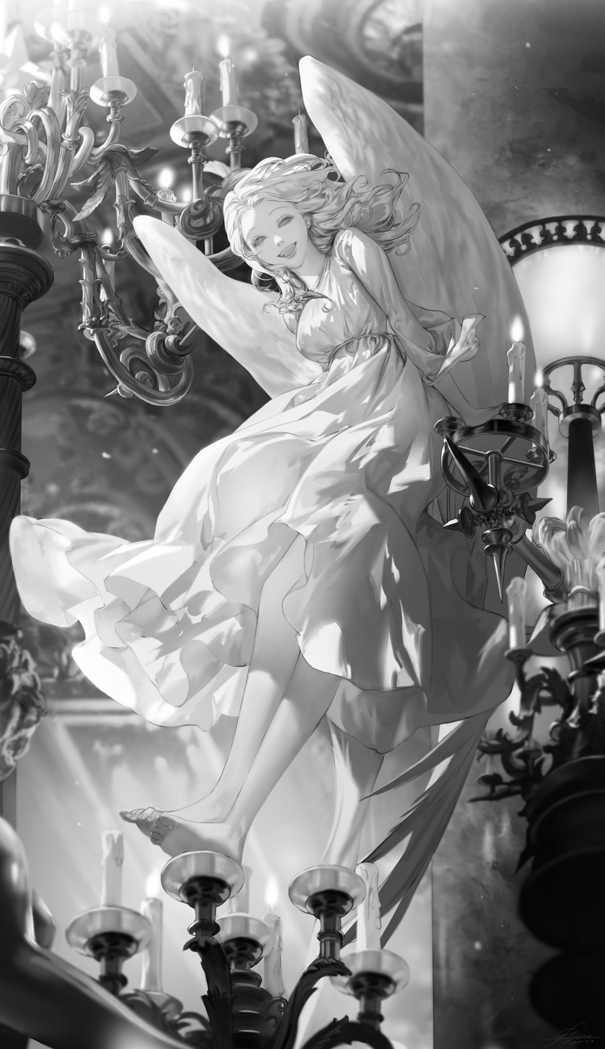 1girl :d angel_wings arm_support barefoot blurry blurry_background breasts chandelier crossed_legs depth_of_field dress floating_hair from_below full_body greyscale happy highres large_breasts looking_at_viewer monochrome original smile vlfdus_0 wings