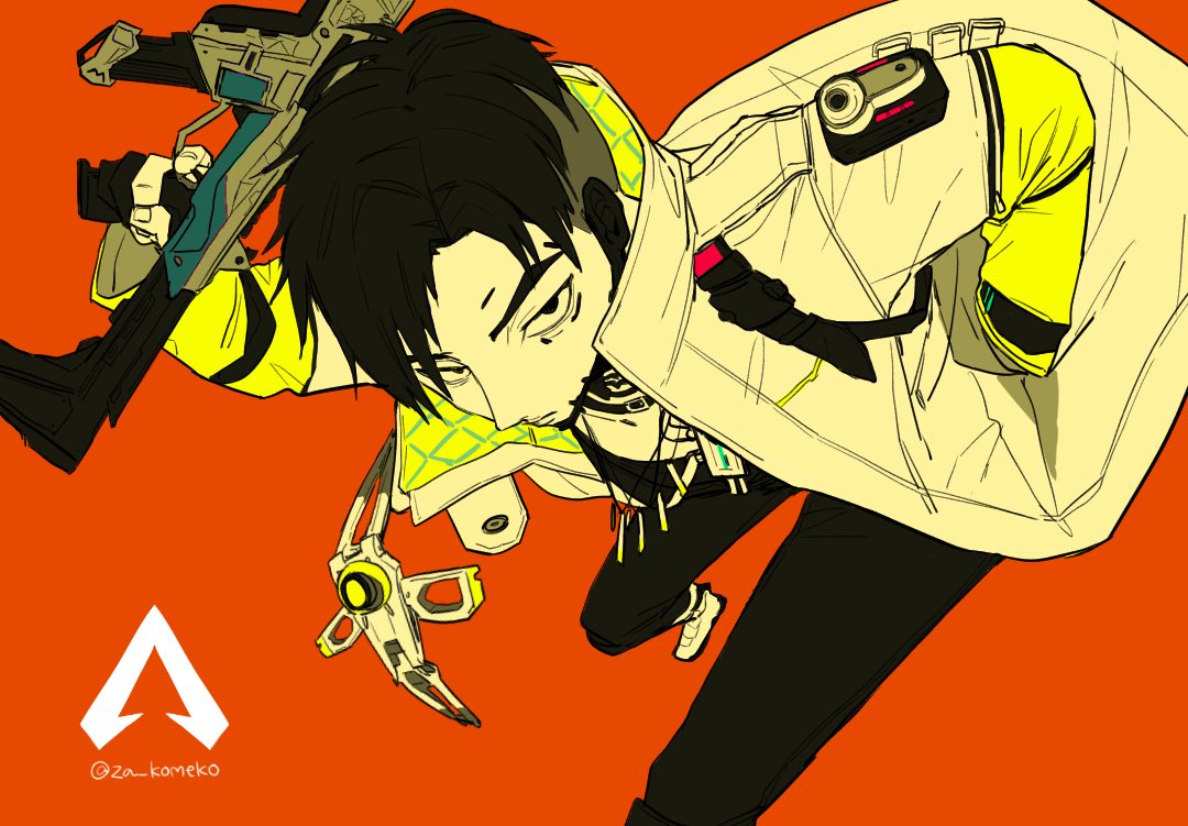 1boy apex_legends assault_rifle black_eyes black_hair black_pants black_shirt crypto_(apex_legends) drone gun hack_(apex_legends) hand_in_pocket holding holding_gun holding_weapon jacket jewelry leaning_forward looking_at_viewer male_focus necklace pants r-301_carbine rifle sanpaku shirt solo twitter_username weapon white_jacket za_komeko