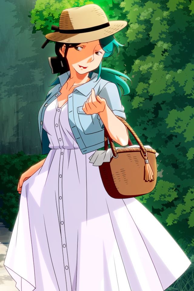 1girl aqua_hair basket blue_jacket dress feet_out_of_frame hat holding holding_basket jacket lipstick long_dress long_hair low_ponytail makeup non-web_source official_art open_clothes open_jacket photoshop_(medium) picnic_basket randou_serika red_lips short_sleeves smile solo standing straw_hat sun_hat sundress super_real_mahjong tanaka_ryou white_dress