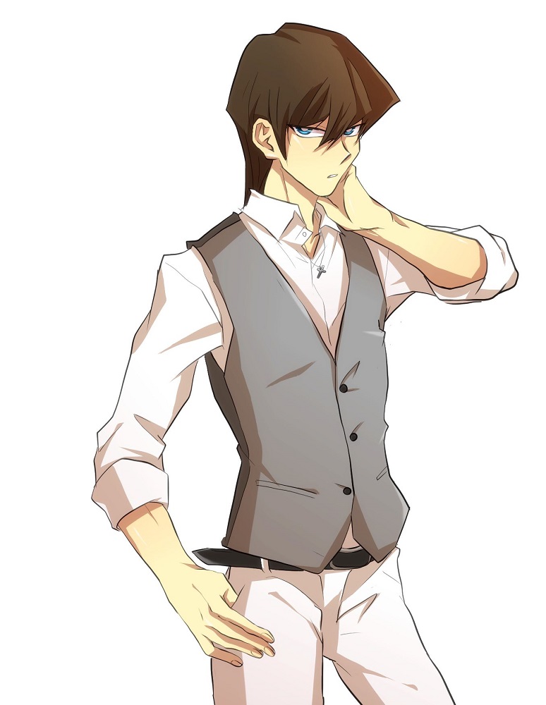 1boy bangs belt belt_buckle black_belt blue_eyes brown_hair buckle collared_shirt cross cross_necklace dress_shirt grey_vest hair_between_eyes jewelry kaiba_seto looking_at_viewer male_focus necklace pants parted_lips shirt short_hair simple_background solo standing vest vvv1356_ygo white_background white_pants white_shirt wing_collar yu-gi-oh! yu-gi-oh!_duel_monsters