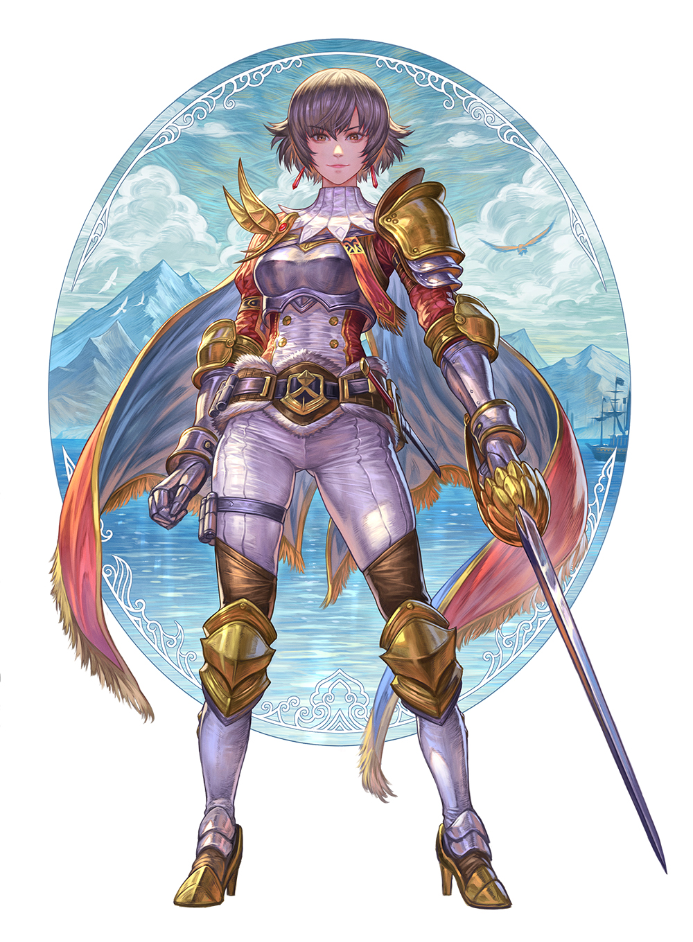 1girl armor bangs black_hair breastplate breasts brown_hair cape earrings fiorayne_(monster_hunter) hair_between_eyes highres jewelry looking_at_viewer monster_hunter_(series) monster_hunter_rise nariann parted_lips pauldrons short_hair shoulder_armor simple_background smile solo sword thighs violet_eyes water weapon