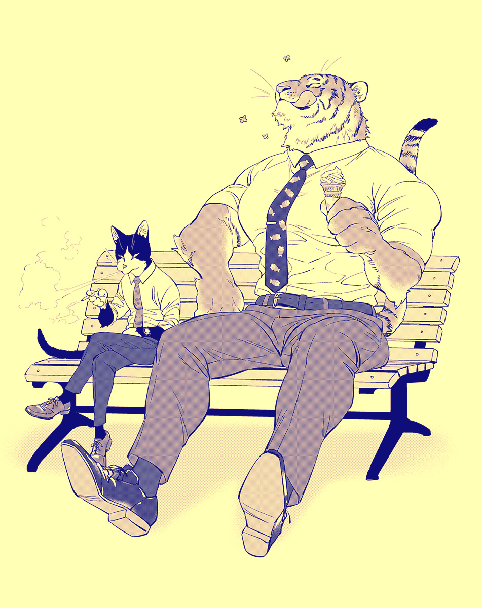 2boys animal_ears belt bench black_footwear black_fur black_necktie black_pants body_fur boned_meat brown_footwear brown_necktie brown_pants cat_boy cat_ears cat_tail cigarette closed_eyes closed_mouth collared_shirt crossed_legs eating flower_(symbol) food full_body furry furry_male hand_up height_difference highres holding holding_cigarette holding_food holding_ice_cream ice_cream licking_lips male_focus mamemo_(daifuku_mame) meat multiple_boys necktie orange_fur original pants sepia shirt sitting smoke smoking socks solo tail tiger_boy tiger_ears tiger_tail tongue tongue_out watch watch white_fur yellow_background