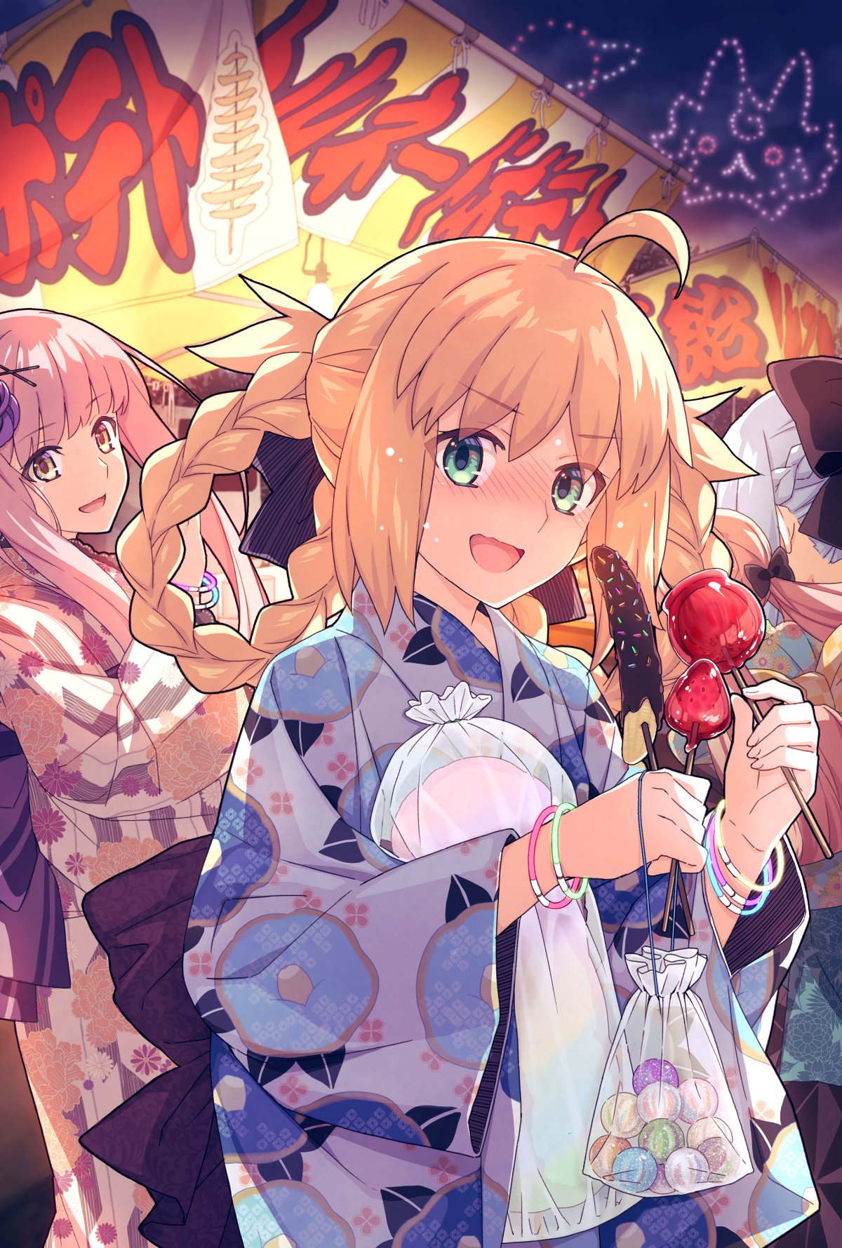 4girls aerial_fireworks artoria_caster_(fate) artoria_pendragon_(fate) banana black_bow blonde_hair blush bow braid candy_apple chocolate chocolate_banana cotton_candy fate/grand_order fate_(series) festival fireworks food fou_(fate) french_braid fruit green_eyes grey_hair habetrot_(fate) highres japanese_clothes kimono knocknarea_(fate) medb_(fate) morgan_le_fay_(fate) multiple_girls night pink_hair riyo_(lyomsnpmp)_(style) saipaco sprinkles strawberry summer summer_festival wavy_mouth yellow_eyes yukata