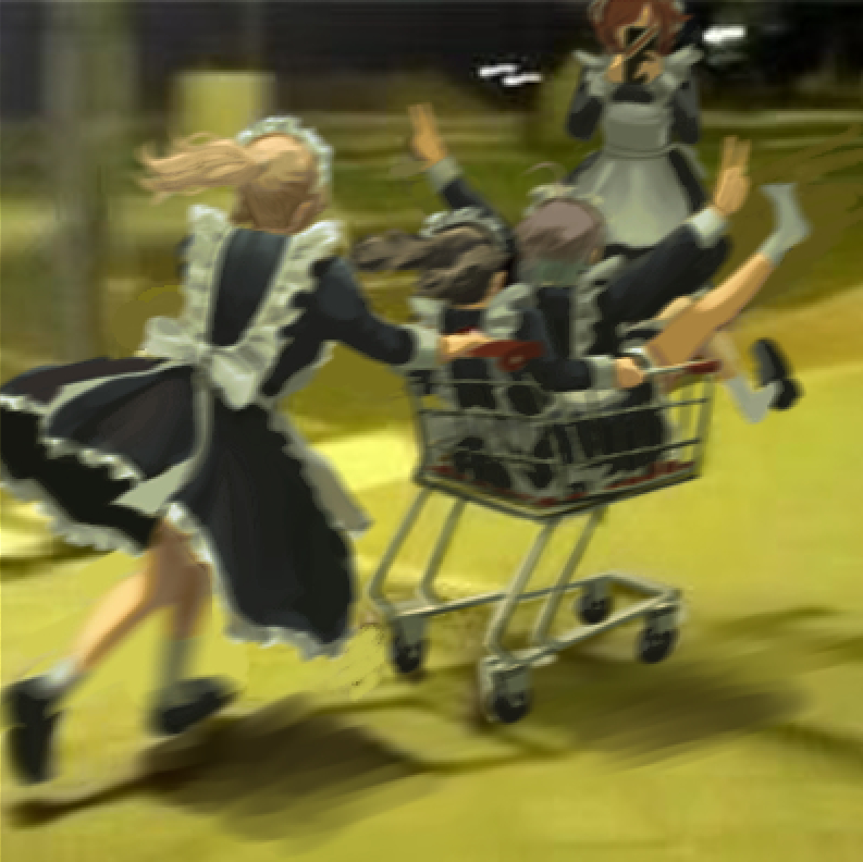 4girls alternate_costume asakura_toru double_v enmaided fukumaru_koito higuchi_madoka ichikawa_hinana idolmaster idolmaster_shiny_colors maid maid_headdress motion_blur multiple_girls night noctchill_(idolmaster) outdoors outstretched_arms photo-referenced ponytail running shoes shoes_removed shopping_cart sugar_rush taking_picture v