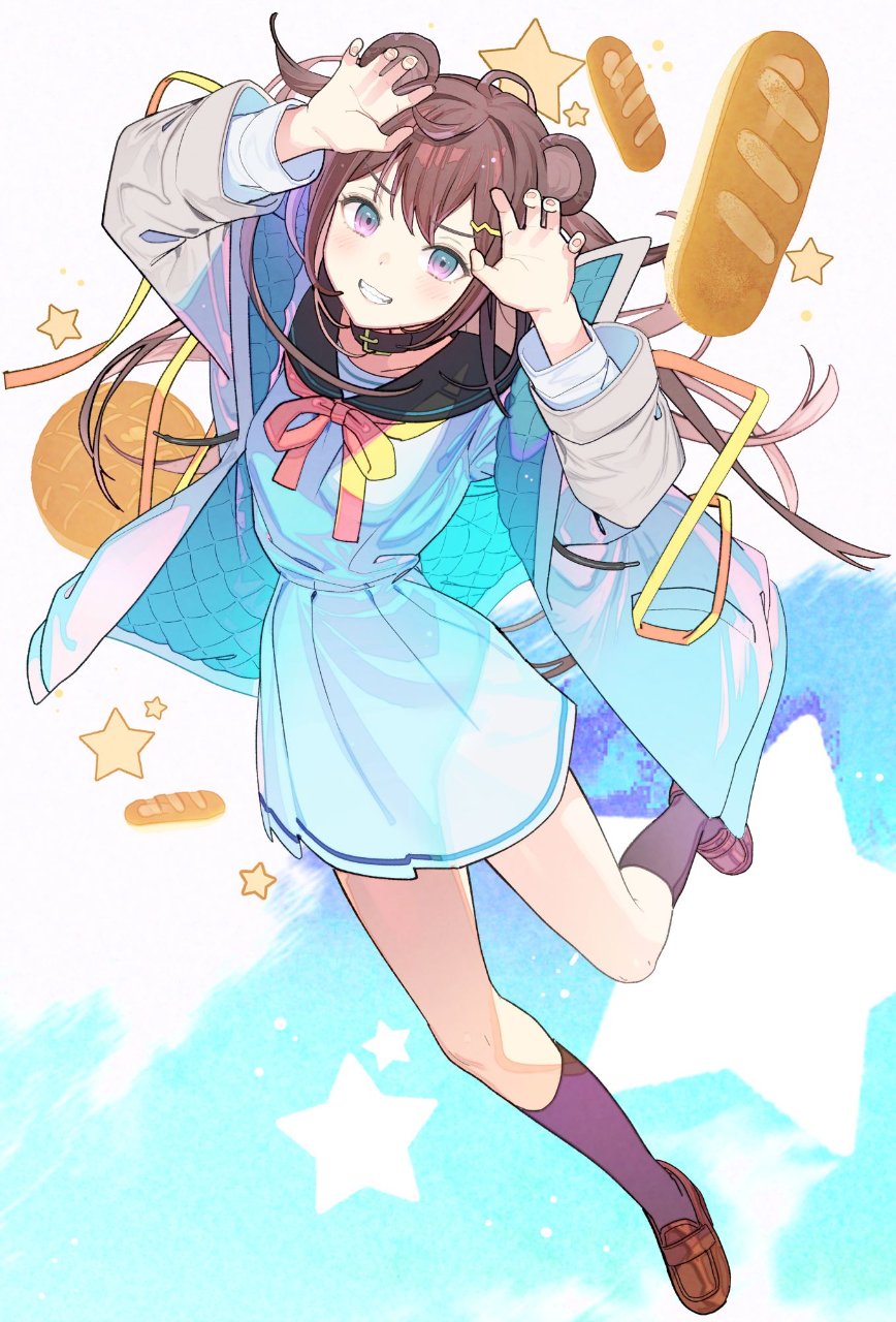 1girl ahoge animal_ears aqua_eyes arms_up blue_jacket bread brown_collar brown_footwear brown_hair claw_pose collar collarbone commission copyright_request fingernails food hair_ornament hairclip highres jacket koyoi_mitsuki long_hair looking_at_viewer multicolored_clothes multicolored_eyes multicolored_jacket open_clothes open_jacket padded_jacket patterned patterned_background pink_eyes pink_nails purple_socks skeb_commission smile socks solo star_(symbol) starry_background teeth two-tone_jacket very_long_hair virtual_youtuber white_jacket