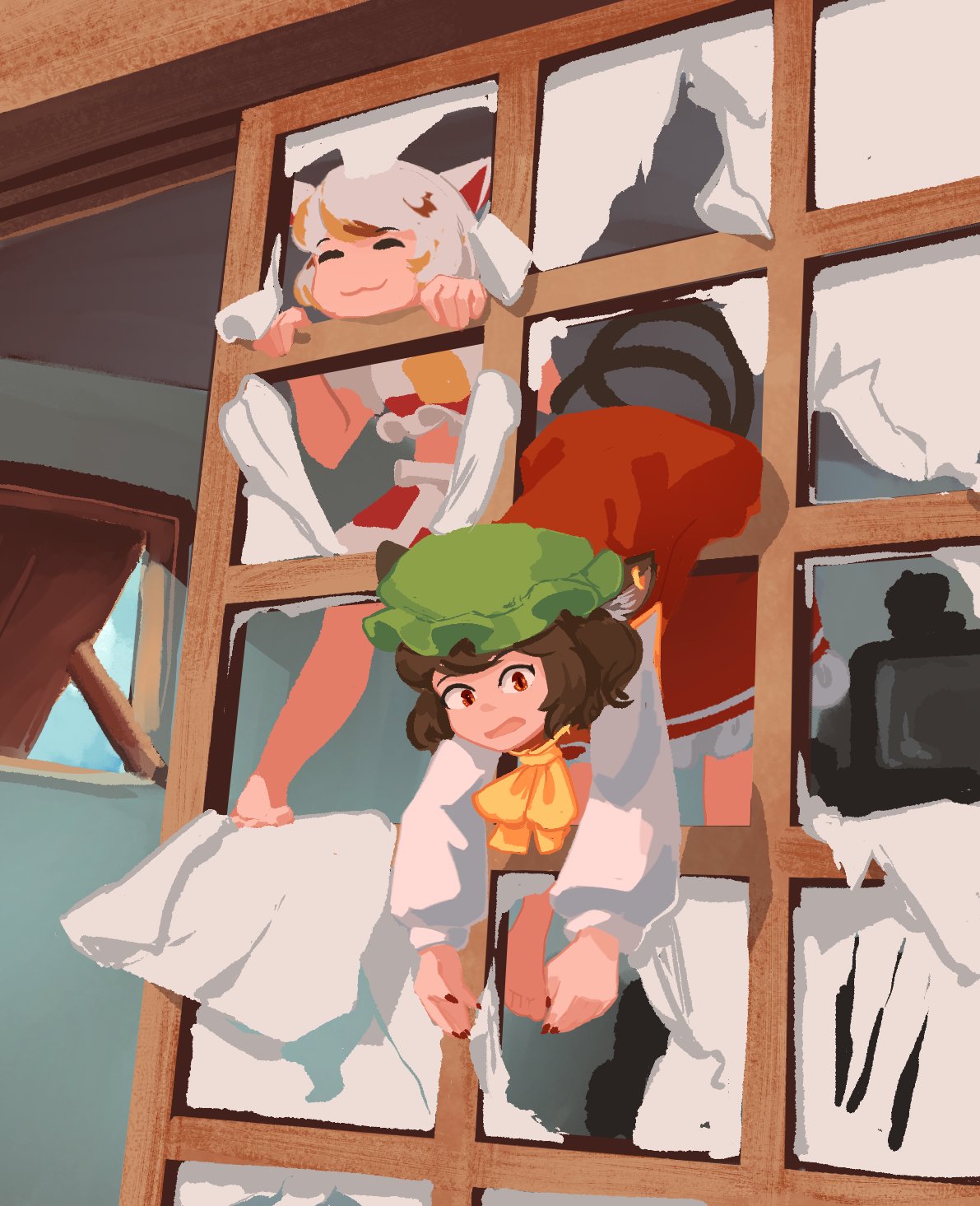 2girls animal_ears bangs calico cat_ears cat_girl cat_tail chen crop_top destroyed door goutokuji_mike highres hyoutan_tan medium_skirt multicolored_hair multiple_girls multiple_tails red_nails short_hair skirt streaked_hair tail television touhou white_hair window