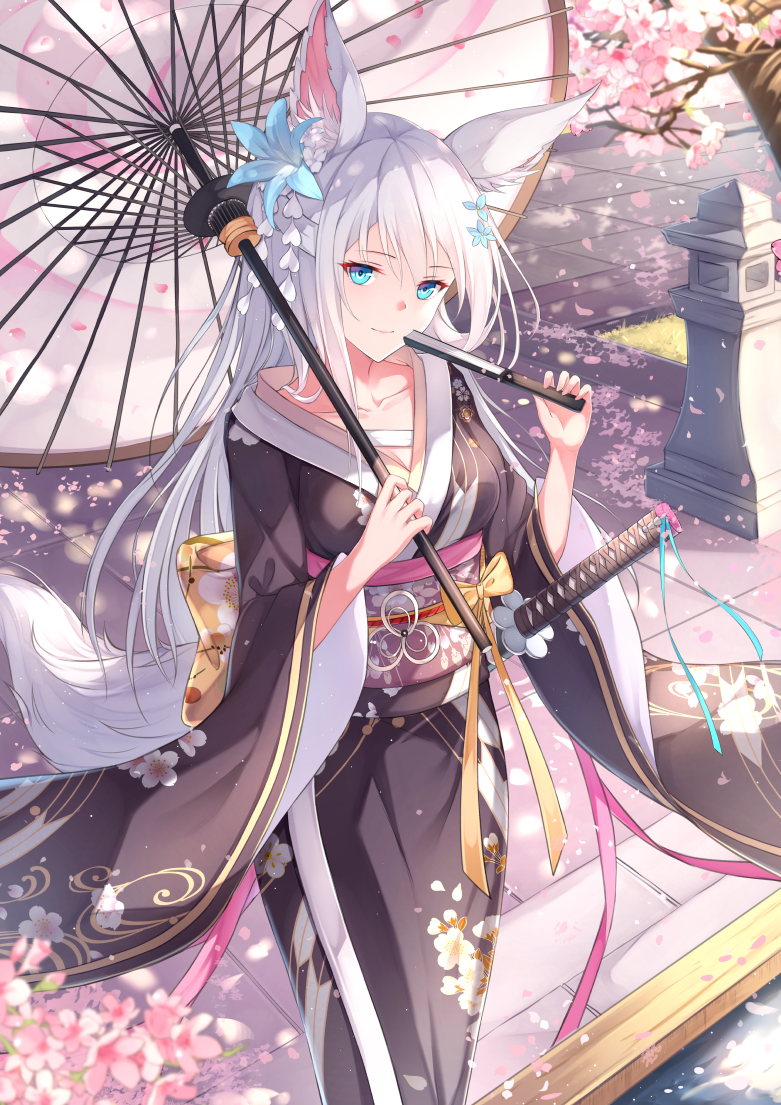 1girl animal_ear_fluff animal_ears aqua_eyes bangs bow censored cherry_blossoms closed_mouth collarbone cowboy_shot day fan_to_mouth floral_print flower fox_ears fox_girl fox_tail fuuro_(johnsonwade) hair_flower hair_ornament hand_fan hands_up holding holding_fan holding_umbrella japanese_clothes katana kimono long_hair looking_at_viewer original outdoors pink_ribbon ribbon sheath sheathed smile solo sword tail umbrella weapon white_hair yellow_bow yellow_ribbon