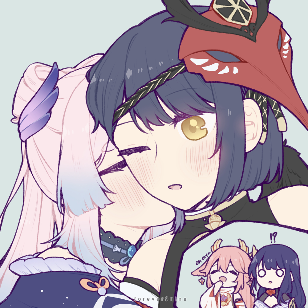 !? 4girls bangs bare_shoulders bird_mask black_hair blue_hair blue_horns bow-shaped_hair choker closed_eyes commentary covering_mouth english_commentary english_text facing_another forever9nine frilled_choker frills genshin_impact gradient_hair grey_background hand_over_own_mouth horns kiss kissing_cheek kujou_sara long_hair long_sleeves looking_at_another mask mask_on_head multicolored_hair multiple_girls o_o one_eye_closed open_mouth pink_hair raiden_shogun sangonomiya_kokomi short_hair upper_body wide_sleeves yae_miko yellow_eyes yuri