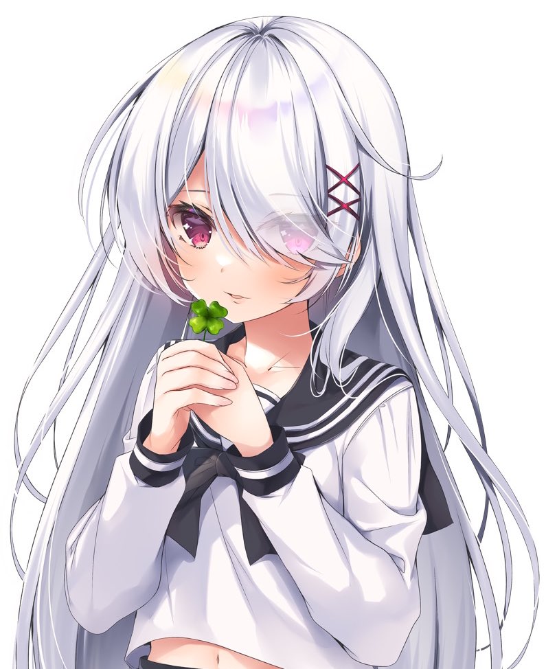 1girl black_sailor_collar clover collarbone commentary_request eyes_visible_through_hair four-leaf_clover grey_hair hair_ornament hair_over_one_eye holding ko_yu long_sleeves looking_at_viewer midriff_peek navel original parted_lips sailor_collar school_uniform serafuku shirt simple_background solo upper_body violet_eyes white_background white_shirt x_hair_ornament