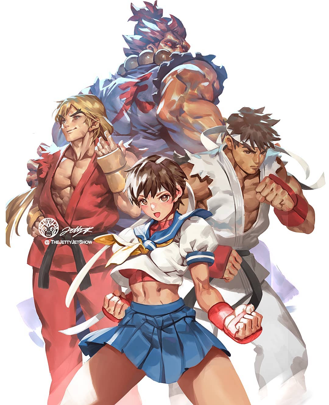 1girl 3boys abs akuma_(street_fighter) beads belt black_belt blonde_hair blue_sailor_collar blue_skirt brown_eyes brown_hair dougi fighting_stance fingerless_gloves gloves hand_on_hip headband heaven_(kanji) highres jet_kimchrea jewelry kasugano_sakura ken_masters long_hair looking_back midriff_peek multiple_boys muscular muscular_female muscular_male navel neckerchief necklace open_clothes open_mouth open_shirt pectorals pleated_skirt prayer_beads puffy_short_sleeves puffy_sleeves red_shirt ryu_(street_fighter) sailor_collar school_uniform serafuku shirt short_hair short_sleeves sideburns signature skirt smile street_fighter thick_eyebrows torn_clothes torn_sleeves twitter_username upper_body white_background white_headband yellow_neckerchief