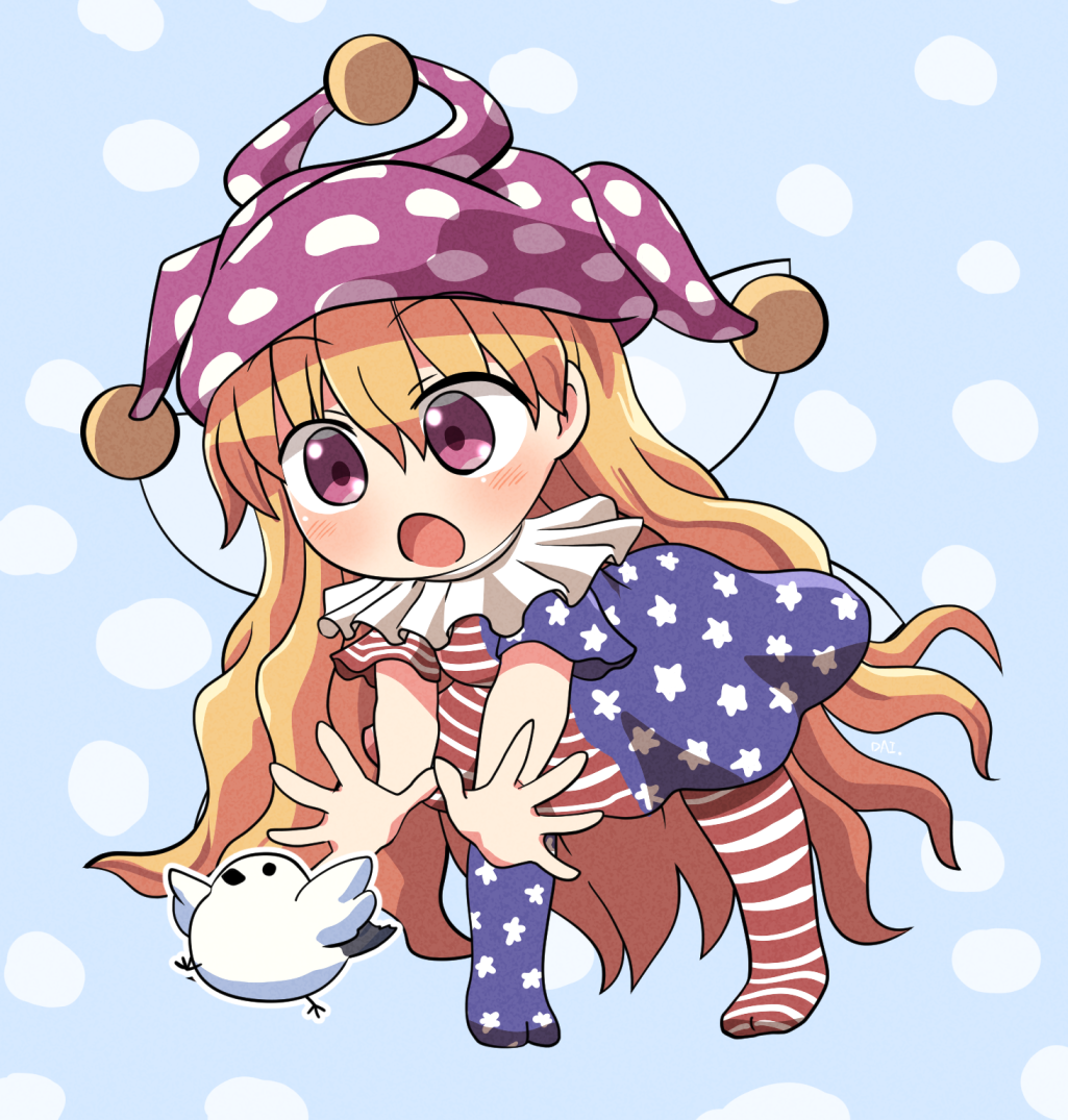 1girl american_flag_dress american_flag_legwear animal bird blonde_hair blush clownpiece dress fairy fairy_wings full_body hair_between_eyes hat jester_cap long_hair open_mouth pantyhose pink_eyes pink_headwear polka_dot polka_dot_headwear rokugou_daisuke short_sleeves solo star_(symbol) star_print striped striped_dress striped_legwear touhou wings