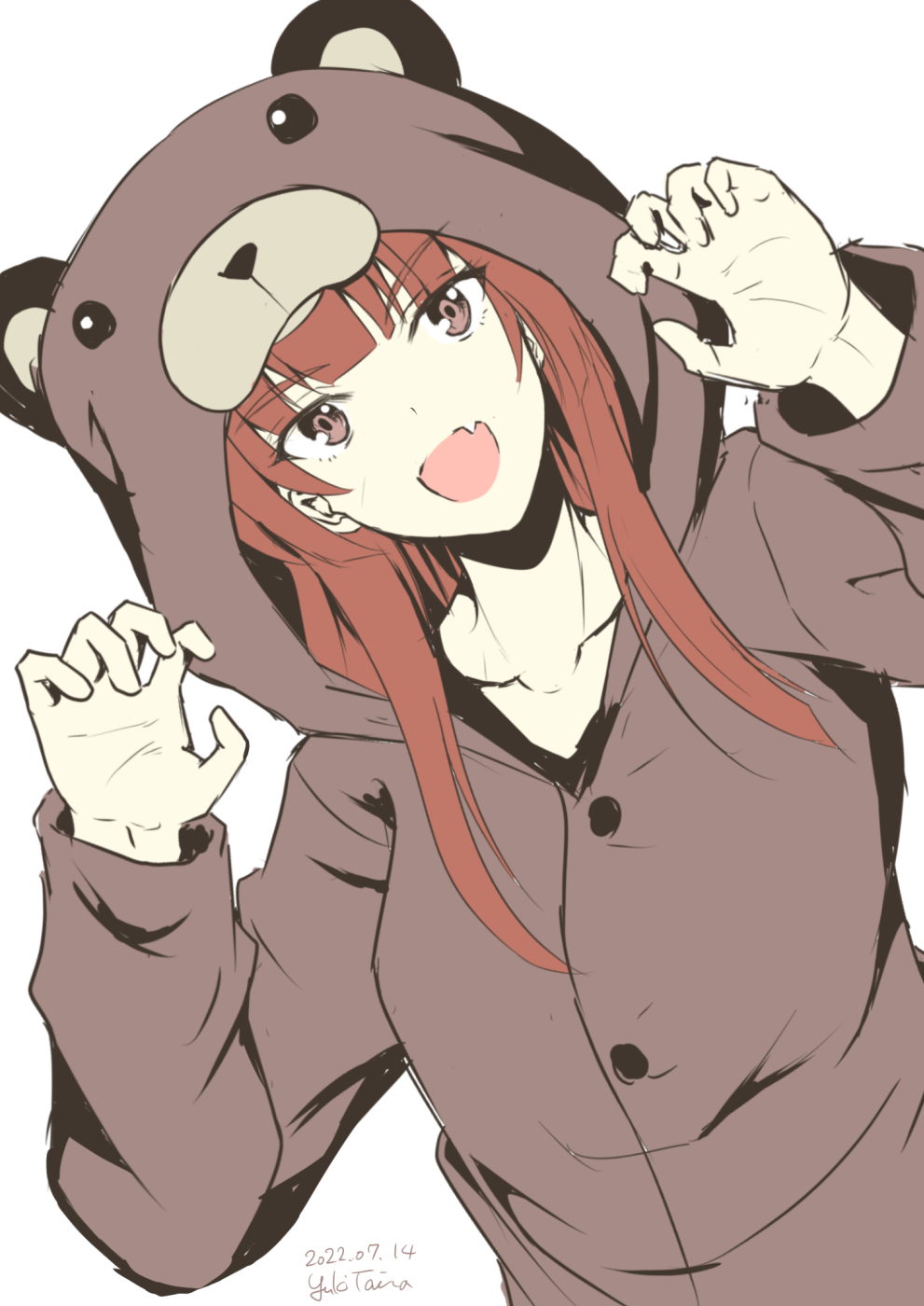 1girl alternate_costume animal_costume artist_name bear_costume brown_eyes brown_hair claw_pose costume dated fang hands_up head_tilt highres kantai_collection kuma_(kancolle) long_hair long_sleeves looking_at_viewer one-hour_drawing_challenge skin_fang solo taira_yuuki
