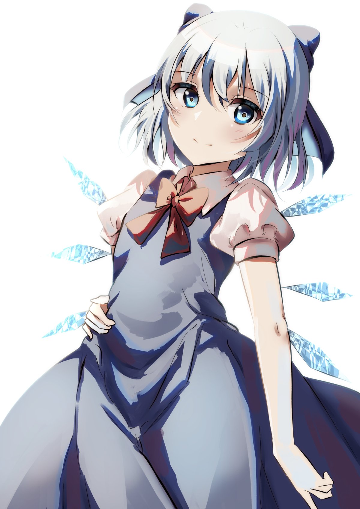 1girl bangs blue_bow blue_dress blue_eyes blue_hair bow bowtie cirno closed_mouth cowboy_shot dress hair_bow hand_on_hip highres ice ice_wings looking_at_viewer natsume_suzuri puffy_short_sleeves puffy_sleeves red_bow red_bowtie short_hair short_sleeves simple_background smile standing touhou white_background wings