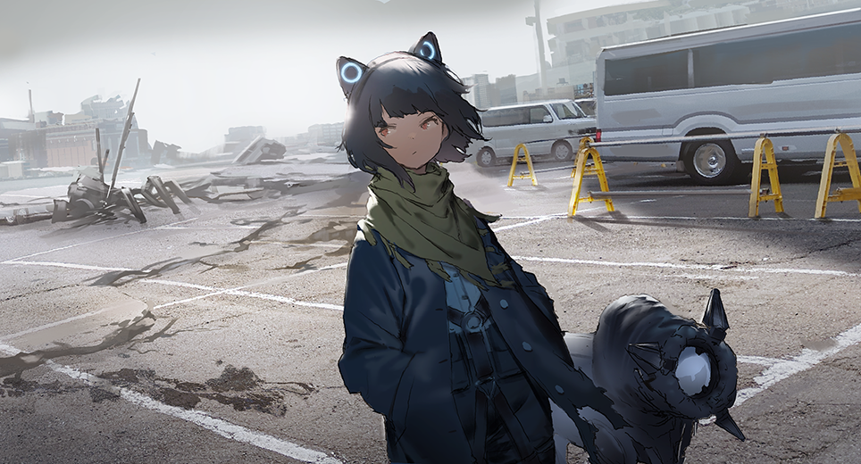 1girl :/ bangs black_hair blue_jacket blunt_bangs building bus buttons car cat_ear_headphones closed_mouth day green_scarf ground_vehicle headphones jacket looking_to_the_side mogumo motor_vehicle o-ring orange_eyes original outdoors overcast robot ruins scarf science_fiction short_hair standing torn_clothes