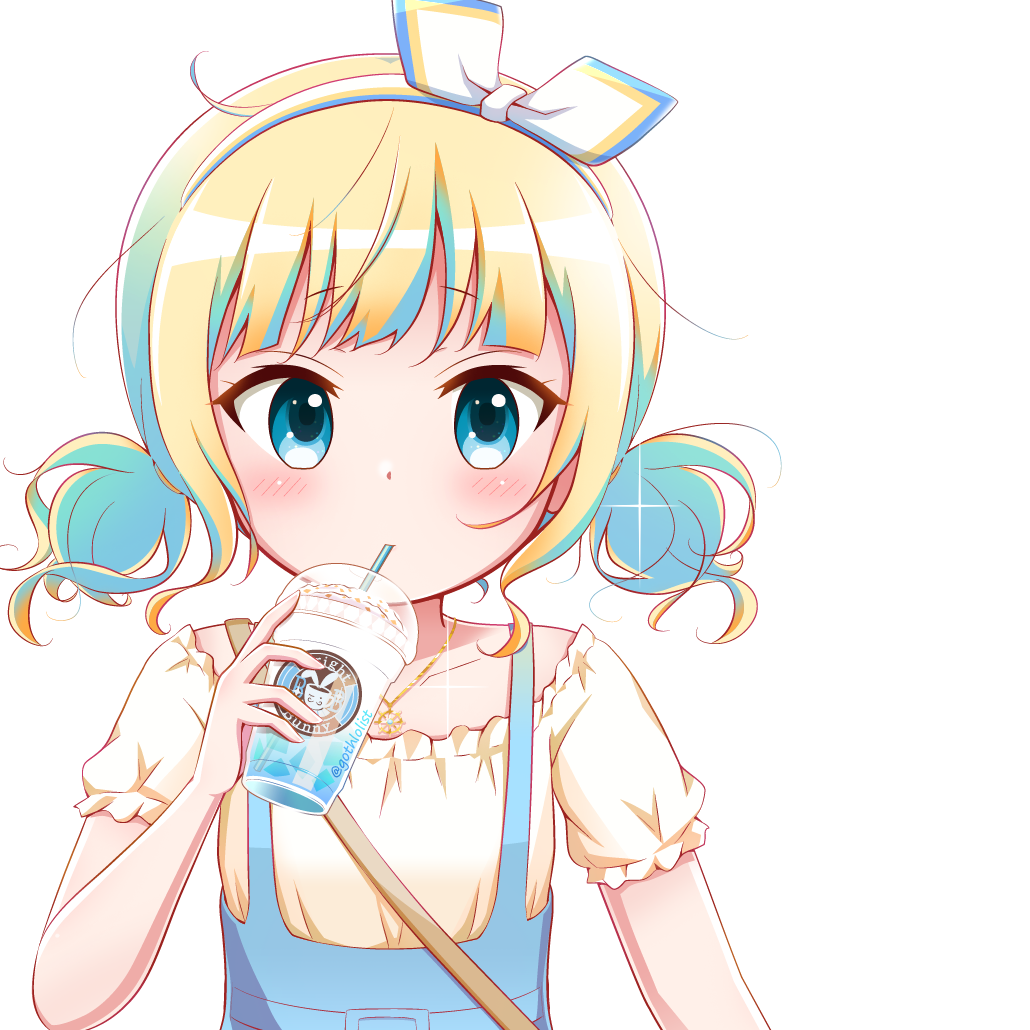 1girl bangs blonde_hair blue_eyes blue_hair blue_skirt collarbone cup disposable_cup drinking_straw gochuumon_wa_usagi_desu_ka? goth_risuto hairband holding holding_cup jewelry kirima_syaro low_twintails multicolored_hair pendant shirt short_sleeves simple_background skirt solo suspender_skirt suspenders twintails two-tone_hair upper_body white_background white_hairband white_shirt