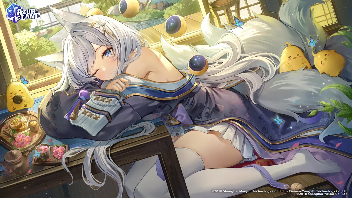 1girl animal animal_ears auro_drm azur_lane bangs bird blue_eyes blush bug butterfly closed_mouth commentary_request copyright_name fox_ears fox_tail full_body hair_ornament indoors japanese_clothes kimono logo long_hair manjuu_(azur_lane) multiple_tails official_art one_eye_closed petals shinano_(azur_lane) shiny shiny_hair simple_background sitting skirt table tail thigh-highs white_hair zettai_ryouiki