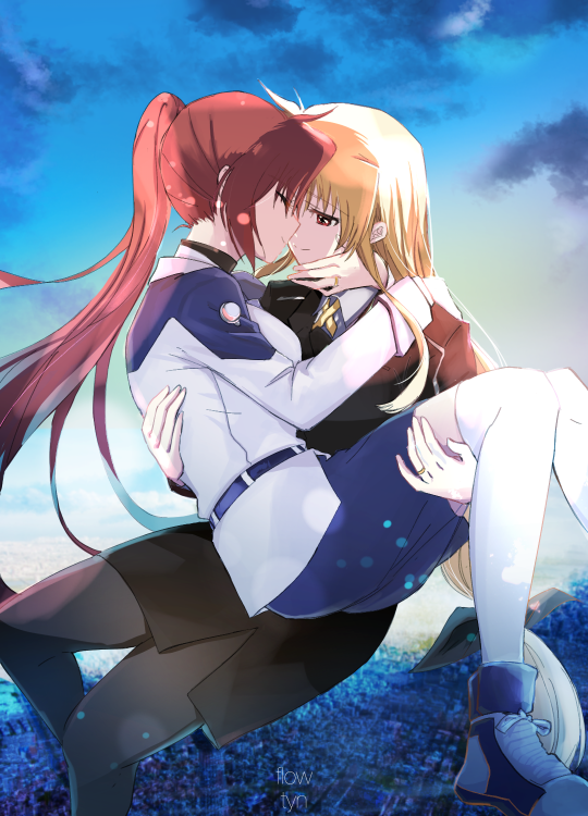 2girls arm_around_neck blonde_hair brown_hair carrying city closed_eyes clouds cloudy_sky fate_testarossa flying jewelry lens_flare long_hair looking_at_another lyrical_nanoha mahou_shoujo_lyrical_nanoha_strikers multiple_girls ossan_jololol outdoors ponytail princess_carry red_eyes ring shoes skirt sky smile sunrise takamachi_nanoha thigh-highs very_long_hair wedding_band wife_and_wife yuri