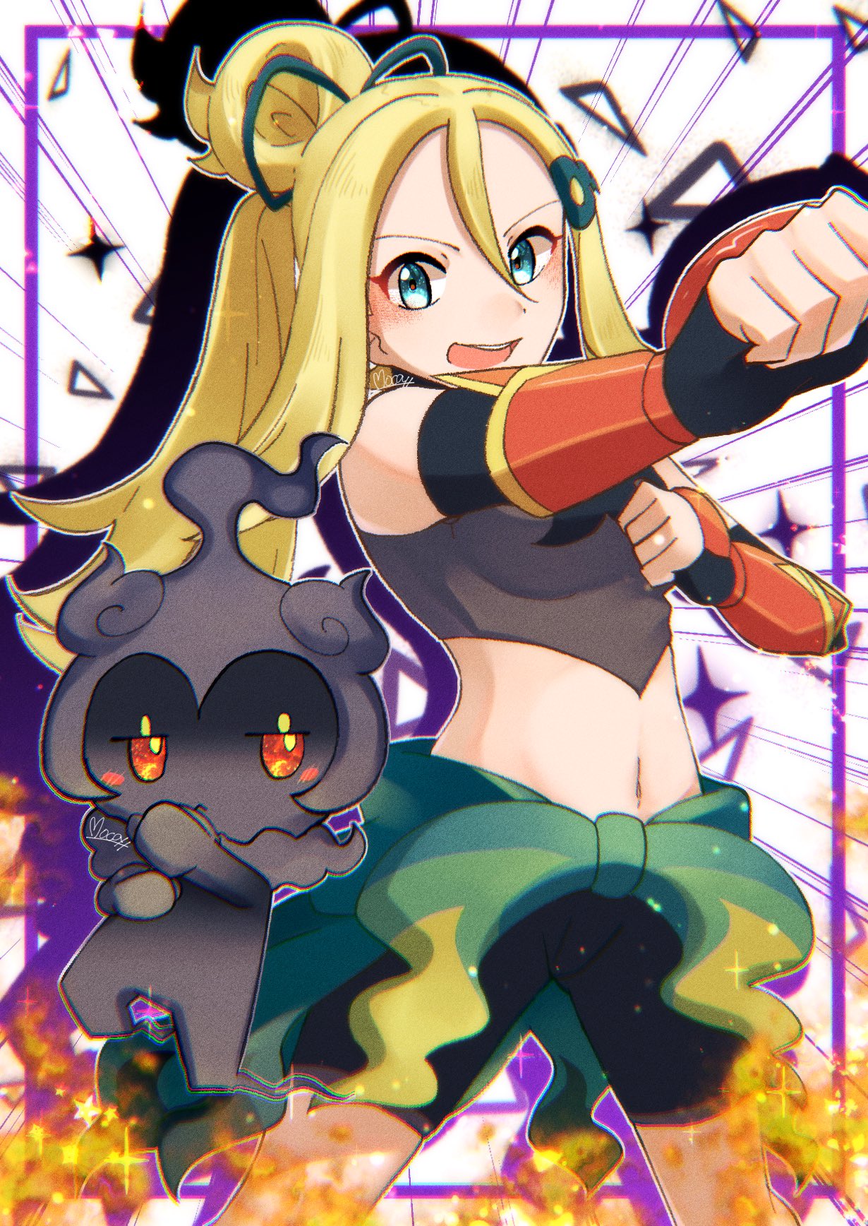 1girl bike_shorts blue_eyes blush_stickers breasts clenched_hand highres korrina_(pokemon) looking_to_the_side marshadow medium_breasts midriff mocacoffee_1001 navel official_alternate_costume pokemon pokemon_(creature) pokemon_(game) pokemon_masters_ex ponytail signature smile sparkle standing