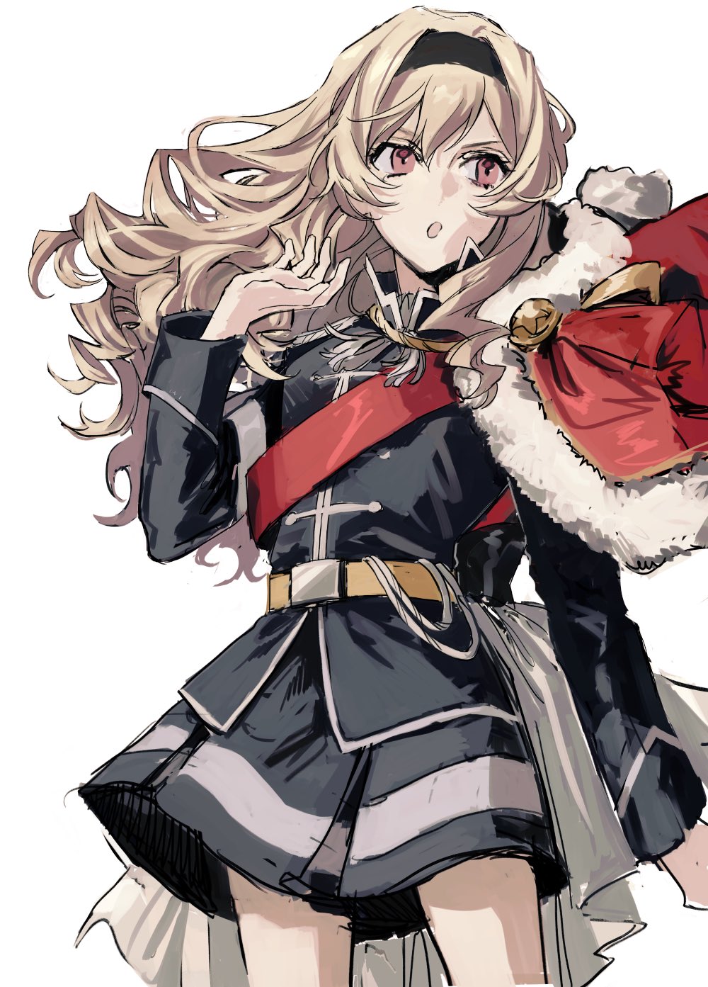 1girl :o arm_at_side bangs belt belt_buckle black_hairband black_jacket black_skirt blonde_hair buckle cowboy_shot epaulettes floating_hair fur-trimmed_jacket fur_trim hair_between_eyes hairband hand_up high_collar highres jacket jacket_on_shoulders kozukue_(estsuk) long_hair long_sleeves looking_away miniskirt parted_lips pink_eyes red_jacket red_sash saijou_claudine sash shoujo_kageki_revue_starlight shoulder_sash sidelocks simple_background single_stripe sketch skirt solo standing striped striped_skirt tassel waist_cape wavy_hair white_background yellow_belt