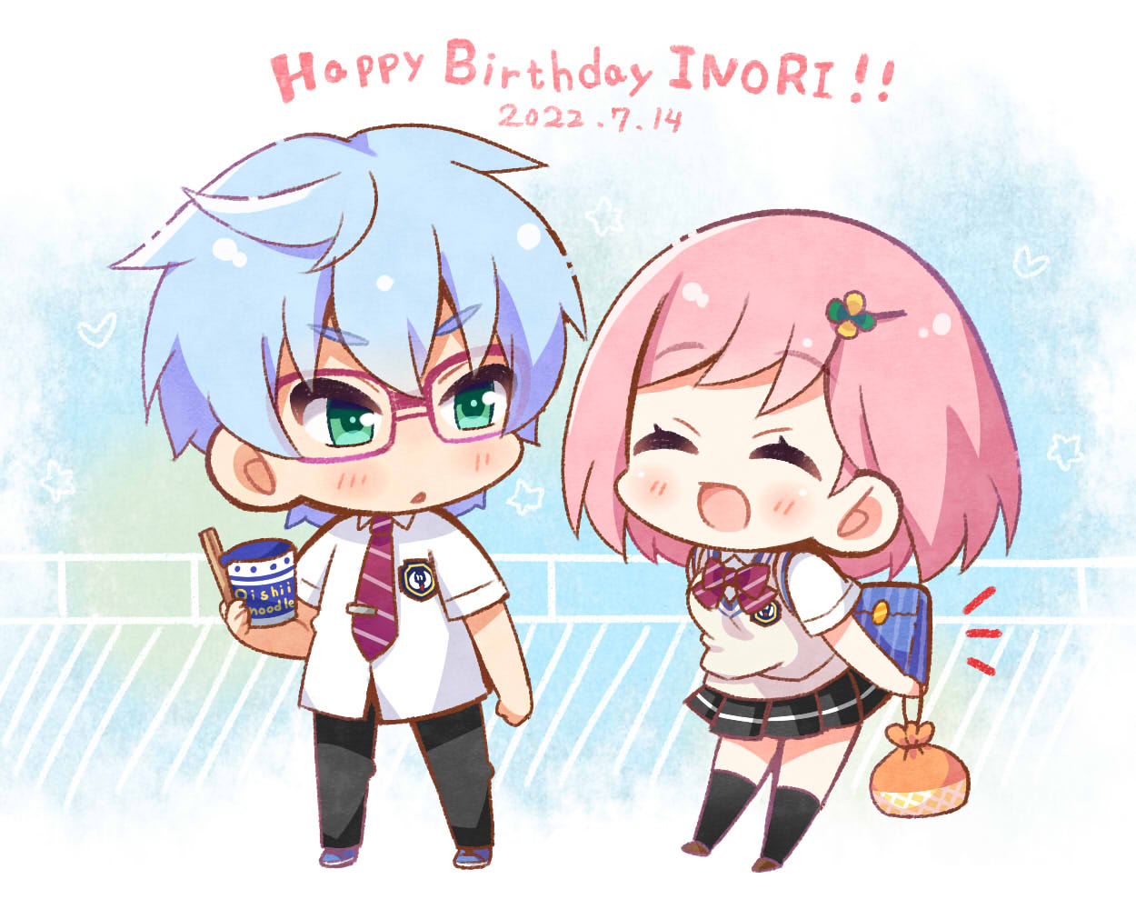 1boy 1girl :d ^_^ black_pants black_skirt blue_footwear blue_hair blush breasts brown_footwear character_name chibi chopsticks closed_eyes collared_shirt commentary_request cup cup_noodle dated diagonal-striped_necktie disposable_cup dress_shirt green_eyes hair_ornament hairclip happy_birthday heart himuro_inori holding holding_cup momoniku_(taretare-13) necktie pants parted_lips pink_hair pleated_skirt protagonist_(tokimemo_gs4) purple_necktie romaji_text school_uniform shirt shoes skirt small_breasts smile star_(symbol) sweater_vest tokimeki_memorial_girl's_side_4th_heart white_shirt