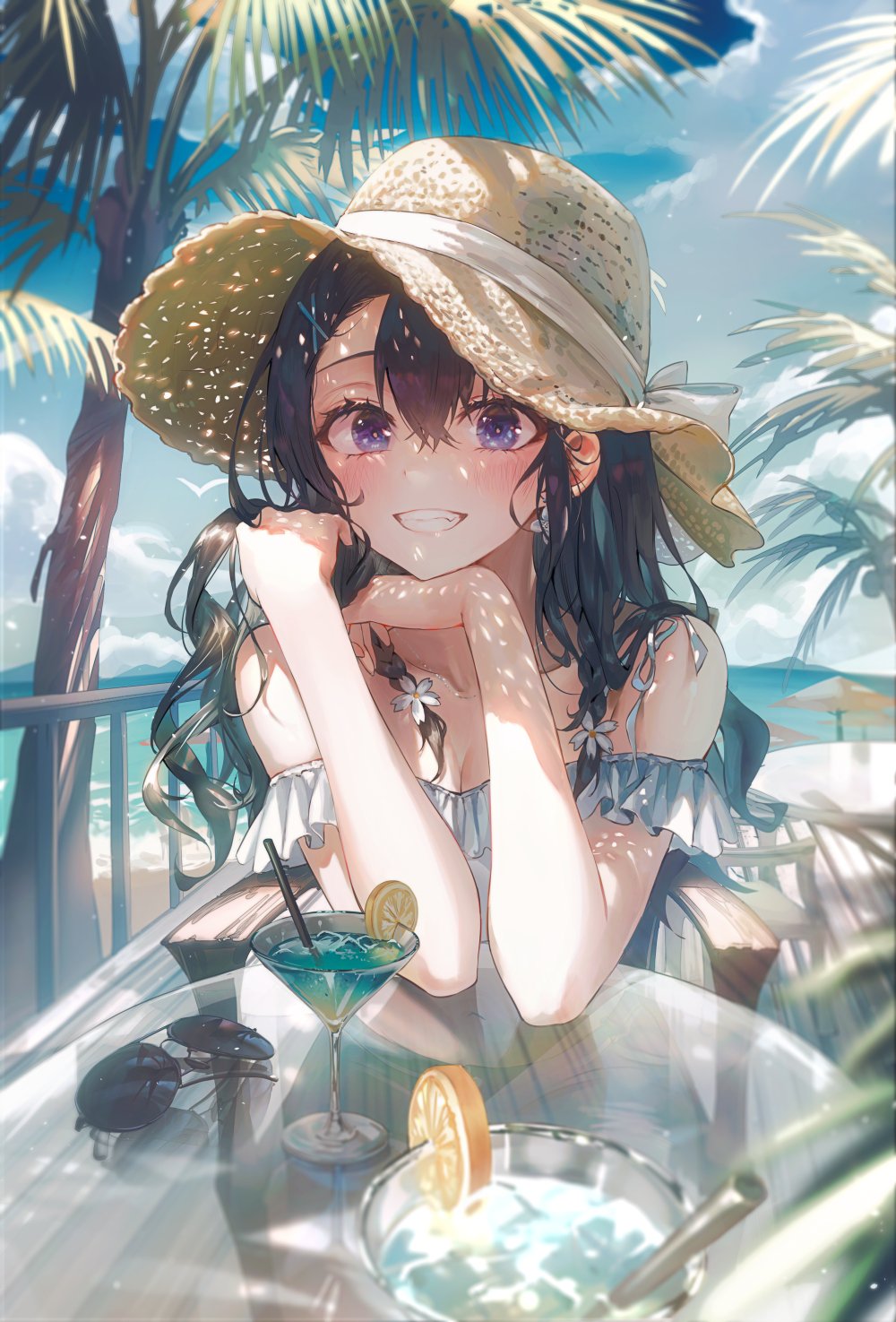 1girl bangs bare_arms bare_shoulders blush breasts brown_hair chair collarbone commentary_request copyright_request day dress drinking_straw glass hands_up hat highres long_hair looking_at_viewer outdoors palm_tree sitting smile solo sun_hat table teeth tokkyu tree