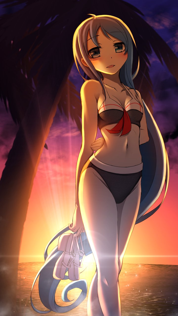 arm_behind_back beach bikini blue_eyes blue_hair breasts highres kantai_collection long_hair looking_at_viewer medium_breasts narashika_asuka navel palm_tree samidare_(kancolle) shoes shoes_removed sunset swimsuit tree very_long_hair