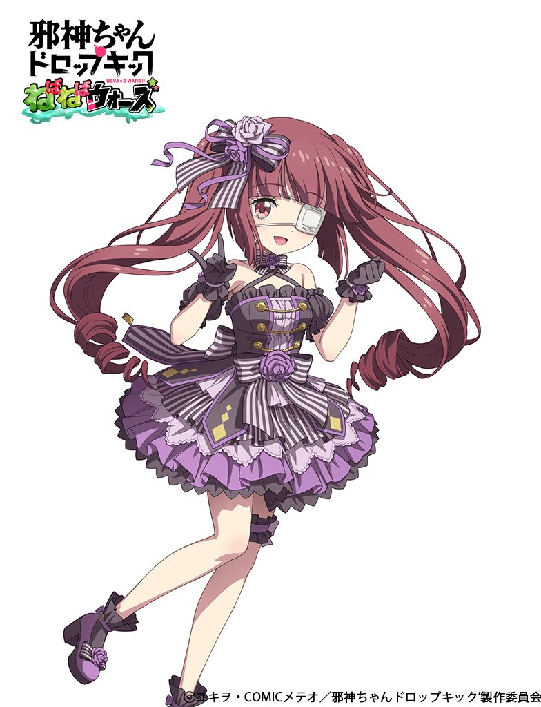 1girl 4frogsinc bare_shoulders black_gloves blush breasts brown_eyes brown_hair dress eyebrows_hidden_by_hair eyepatch flower fox_shadow_puppet frilled_dress frills gloves gothic_lolita hair_flower hair_ornament hair_ribbon hanazono_yurine jashin-chan_dropkick lolita_fashion long_hair looking_at_viewer open_mouth ribbon shiny shiny_hair simple_background small_breasts smile solo twintails white_background