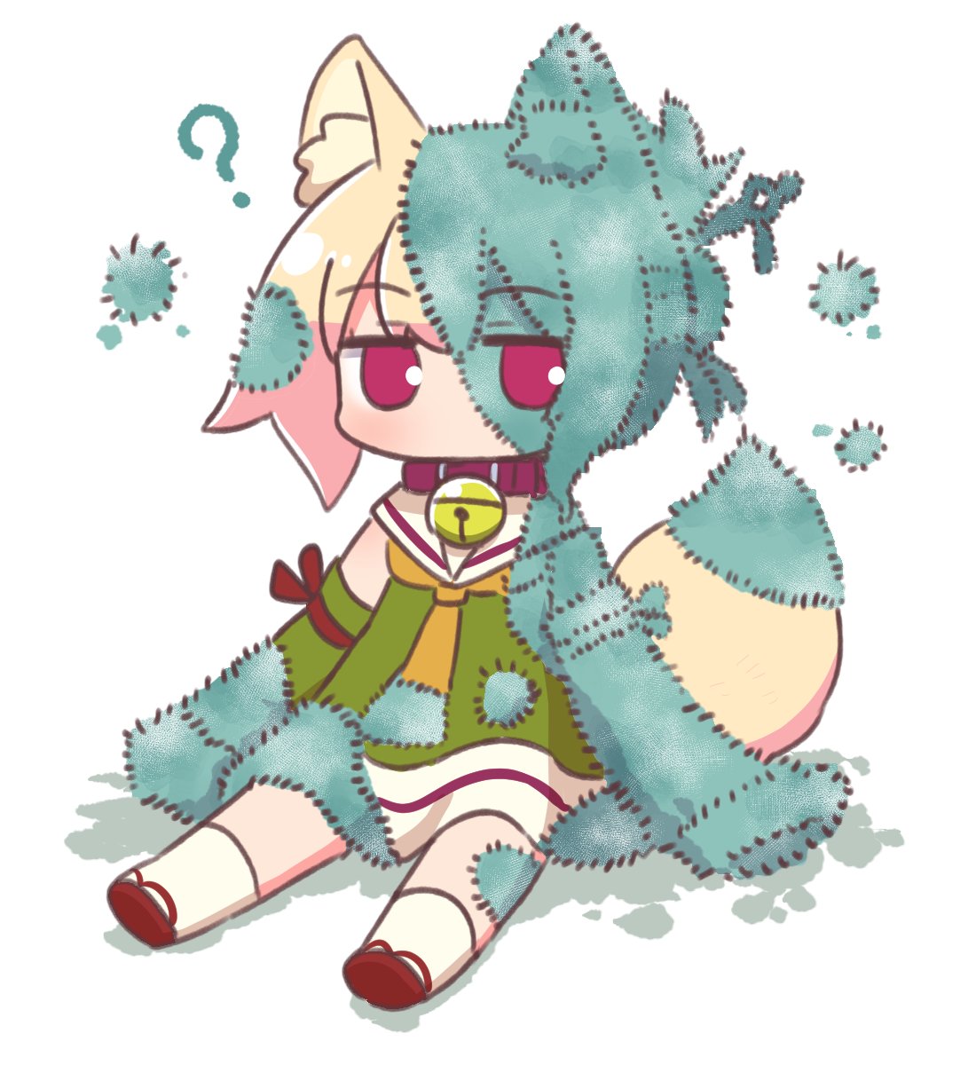 1girl ? animal_ear_fluff animal_ears bare_shoulders bell blonde_hair brown_collar collar commentary_request detached_sleeves dress fox_ears fox_girl fox_tail green_dress green_sleeves hair_bun hair_ornament highres jingle_bell kemomimi-chan_(naga_u) looking_at_viewer mold naga_u neck_bell original red_footwear sailor_collar sailor_dress shadow simple_background sitting sleeveless sleeveless_dress sleeves_past_fingers sleeves_past_wrists socks solo tail violet_eyes white_background white_sailor_collar white_socks zouri