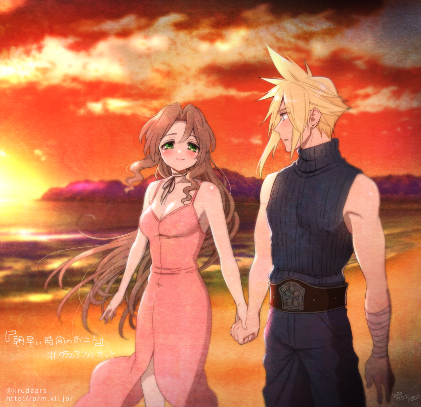 1boy 1girl aerith_gainsborough bandaged_arm bandages bangs bare_arms beach belt blonde_hair blue_eyes blue_pants blue_shirt blush brown_hair cloud_strife clouds cloudy_sky couple dress earrings final_fantasy final_fantasy_vii final_fantasy_vii_remake green_eyes hair_down holding_hands jacket jacket_removed jewelry krudears long_dress long_hair looking_at_another ocean outdoors pants parted_bangs parted_lips pink_dress shirt sidelocks single_earring sky sleeveless sleeveless_turtleneck spiky_hair sunset turtleneck upper_body