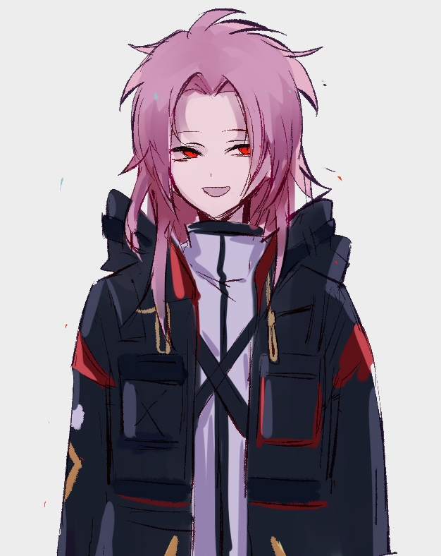 1boy arknights black_coat chinese_commentary coat commentary_request cosplay dice156 doctor_(arknights) doctor_(arknights)_(cosplay) hair_intakes hatsutori_hajime high_collar long_hair male_focus open_clothes open_coat open_mouth pink_hair red_eyes saibou_shinkyoku simple_background smile solo white_background