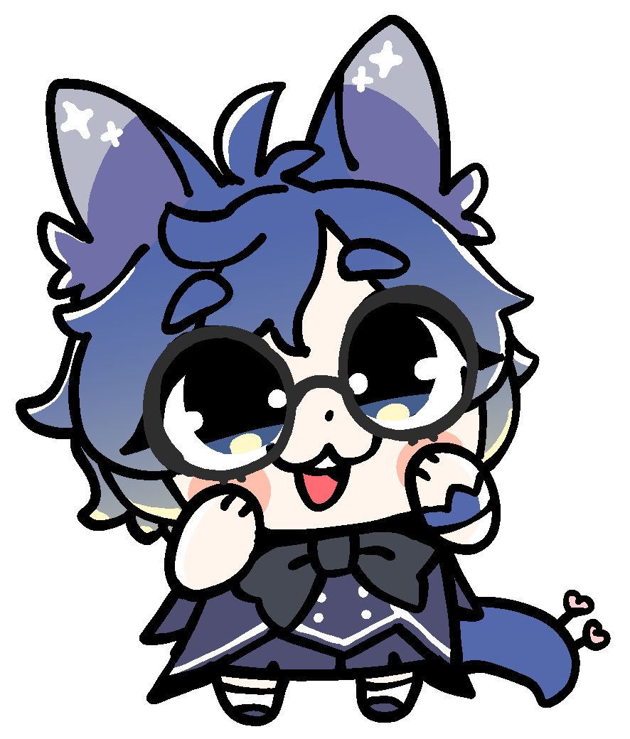 1boy :3 animal_ears bangs bkub bkub_(vtuber) black-framed_eyewear black_bow blue_hair blue_shirt blue_shorts blue_tail blush_stickers bow bowtie chibi commentary_request glasses hands_on_own_cheeks hands_on_own_face indie_virtual_youtuber male_focus open_mouth round_eyewear school_uniform shirt shorts simple_background solo standing swept_bangs tail virtual_youtuber white_background