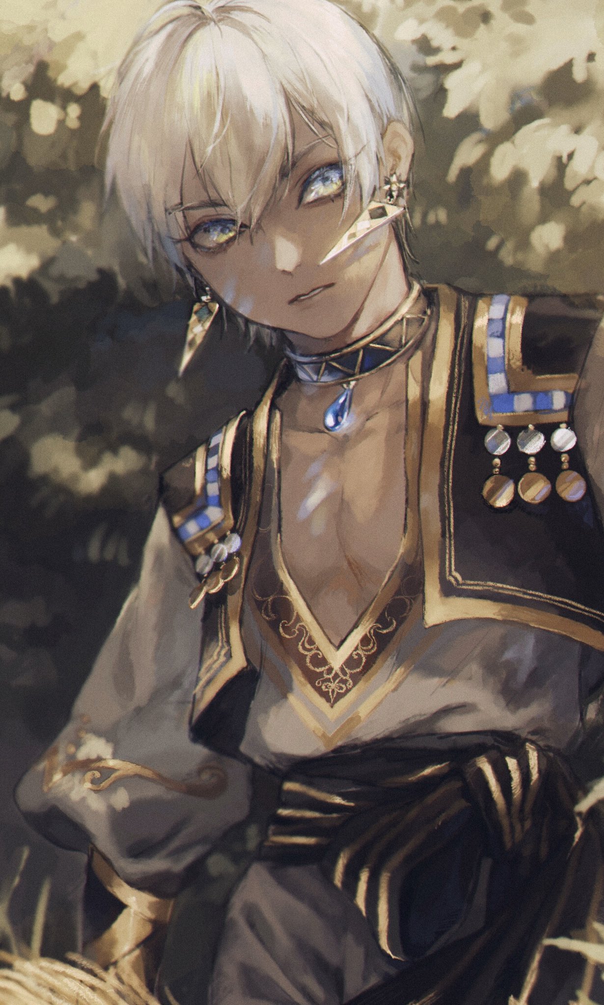 1boy arm_guards arms_at_sides bangs blue_eyes blue_gemstone choker closed_mouth coin_(ornament) dark-skinned_male dark_skin day earrings eyelashes gem hair_between_eyes highres ibrahim_(nijisanji) jewelry long_sleeves male_focus mamevv024 nature nijisanji parted_lips pendant plunging_neckline puffy_long_sleeves puffy_sleeves sash solo sparkle upper_body v-neck vest virtual_youtuber white_hair