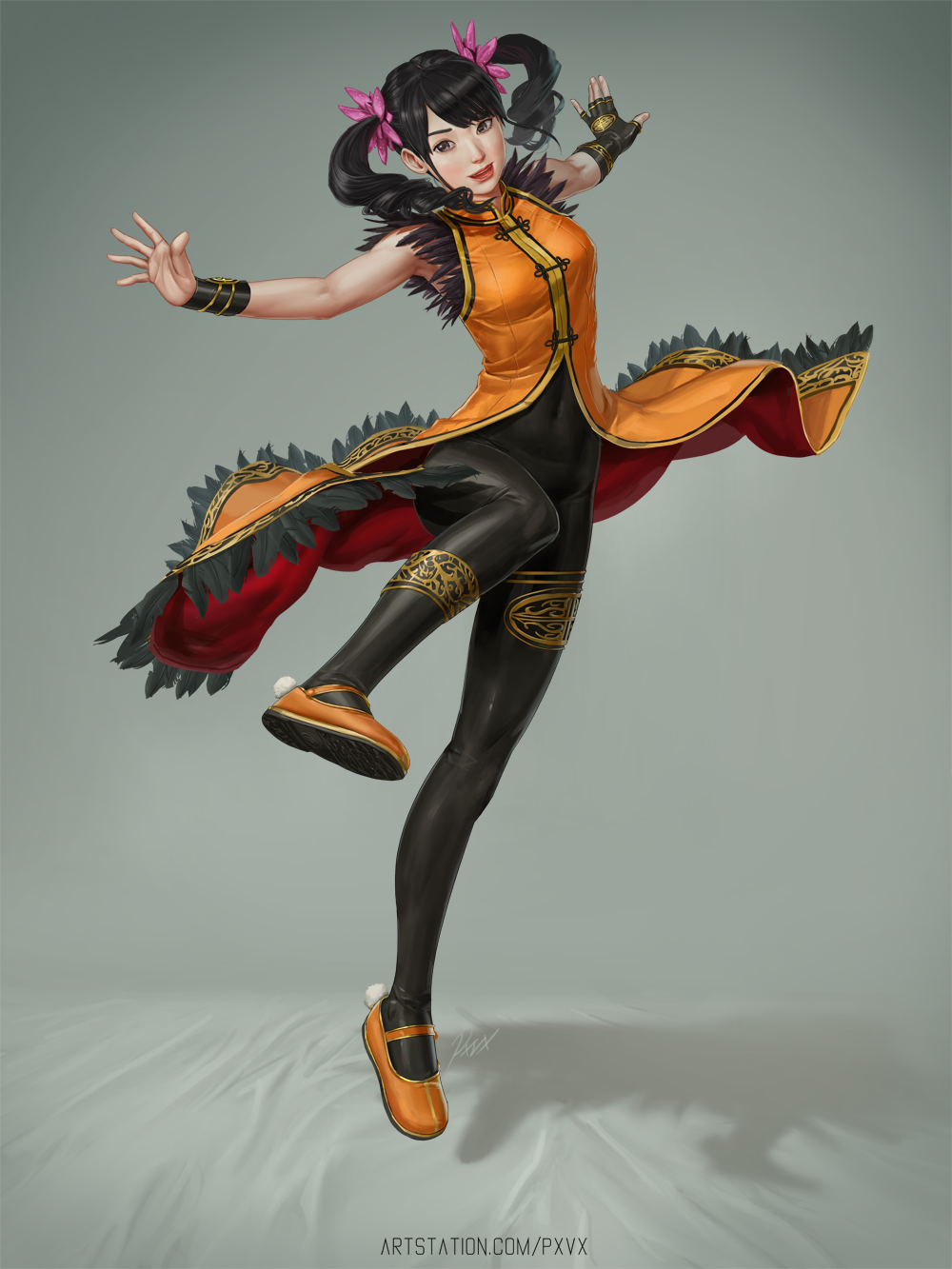 black_hair full_body highres ling_xiaoyu namco open_mouth pxvx pxvxvx red_lips shoes smile solo tekken