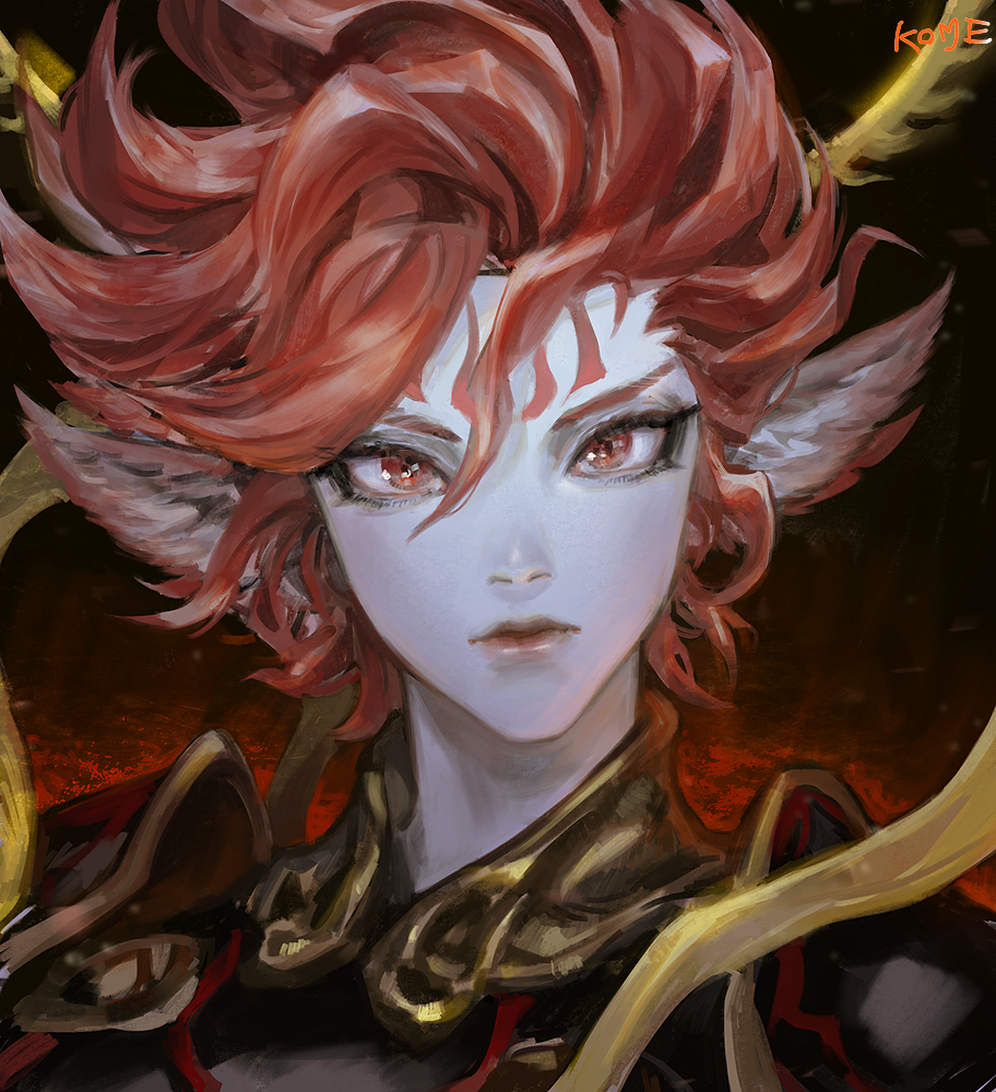 1girl animal_ears armor artist_name bangs bird_ears close-up collar expressionless facial_tattoo final_fantasy final_fantasy_xiv forehead_tattoo frischenq halo looking_at_viewer metal_collar pauldrons portrait realistic red_eyes redhead short_hair shoulder_armor signature solo spiky_hair straight-on suzaku_(ff14) swept_bangs tattoo
