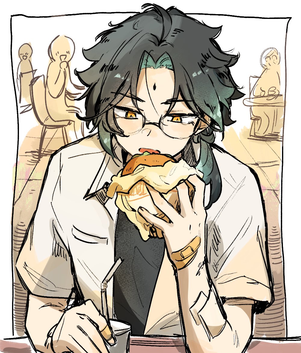 1boy ahoge alternate_costume bandaid bandaid_on_hand bespectacled black_hair black_shirt burger cup disposable_cup drinking_straw eating facial_mark food forehead_mark genshin_impact glasses gradient_hair green_hair holding holding_food isaraa_005 korean_commentary male_focus multicolored_hair open_clothes open_mouth open_shirt orange_eyes shirt sketch solo_focus white_shirt xiao_(genshin_impact)